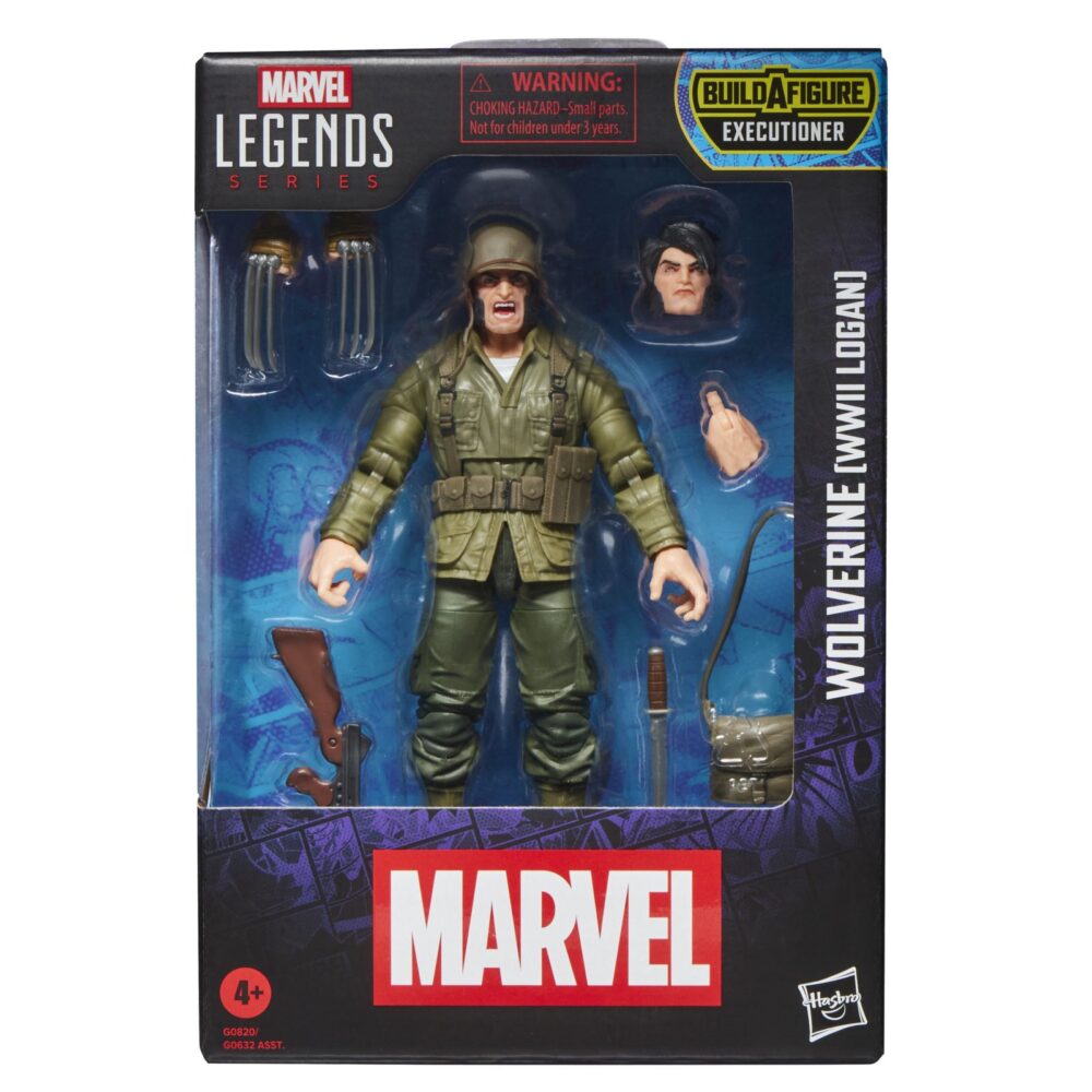 WOLVERINE WWII LOGAN X-MEN MARVEL LEGENDS SERIES (EXECUTIONER BAF). Hasbro añade a su colección Marvel Legends Series la figura de Wolverine (Lobezno en España) inspirada en su aspecto como Logan cuando combatió durante la Segunda Guerra Mundial en los cómics de Marvel. Esta figura articulada mide 15 cm y cuenta con un esculpido de alta calidad y más de 20 puntos de articulación para recrear poses dinámicas. Incluye 2x manos con garras, 1x mano adicional, 1x cabeza alternativa, 1x cuchillo, 1x bolso y 1x arma. Se presenta en una caja con ventana. UNIDADES LIMITADAS.