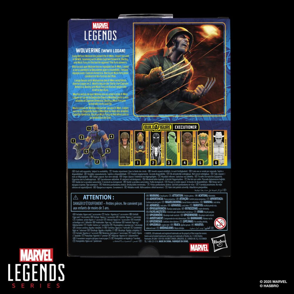 Wolverine wwii logan x-men marvel legends series (executioner baf). Hasbro añade a su colección marvel legends series la figura de wolverine (lobezno en españa) inspirada en su aspecto como logan cuando combatió durante la segunda guerra mundial en los cómics de marvel. Esta figura articulada mide 15 cm y cuenta con un esculpido de alta calidad y más de 20 puntos de articulación para recrear poses dinámicas. Incluye 2x manos con garras, 1x mano adicional, 1x cabeza alternativa, 1x cuchillo, 1x bolso y 1x arma. Se presenta en una caja con ventana. Unidades limitadas.