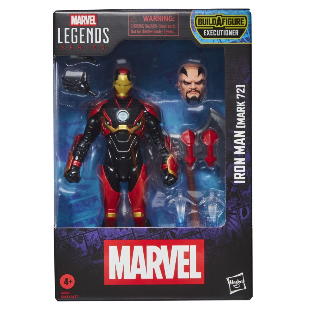 IRON MAN (MARK 72) MARVEL LEGENDS SERIES (EXECUTIONER BAF). Hasbro presenta dentro de la colección Marvel Legends Series la figura articulada de Iron Man, con su armadura modelo Mark 72 que Tony Stark creo a partir del cadáver de un Celestial en los comics de Marvel. Mide 15 cm e incluye 2x manos alternativas, 2x piezas para las muñecas, 2x efectos de repulsor, además de 1x cabeza y 1x hacha de una figura adicional. Colecciona el resto de personajes de esta serie para conseguir todas las piezas necesarias para montar la figura de Executioner. Todo se presenta en una caja con ventana. UNIDADES LIMITADAS.