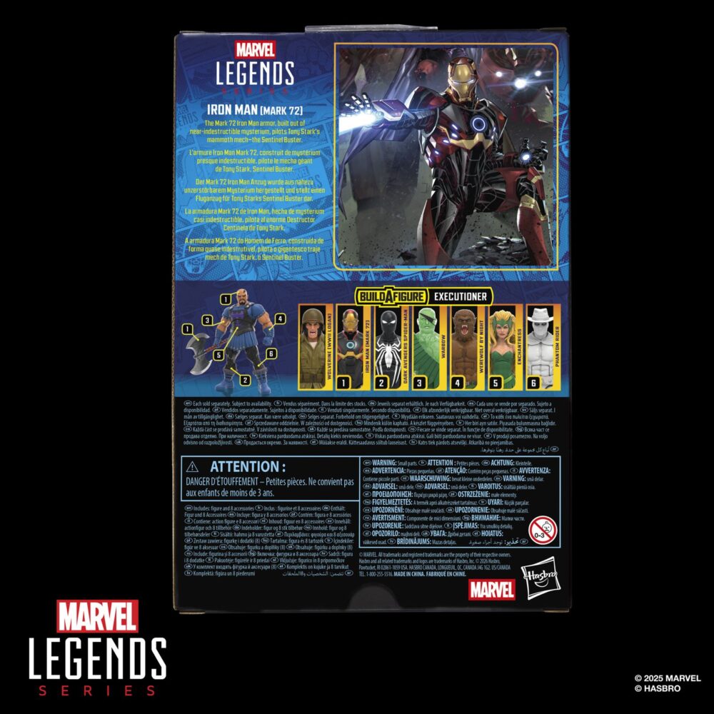 Iron man (mark 72) marvel legends series (executioner baf). Hasbro presenta dentro de la colección marvel legends series la figura articulada de iron man, con su armadura modelo mark 72 que tony stark creo a partir del cadáver de un celestial en los comics de marvel. Mide 15 cm e incluye 2x manos alternativas, 2x piezas para las muñecas, 2x efectos de repulsor, además de 1x cabeza y 1x hacha de una figura adicional. Colecciona el resto de personajes de esta serie para conseguir todas las piezas necesarias para montar la figura de executioner. Todo se presenta en una caja con ventana. Unidades limitadas.