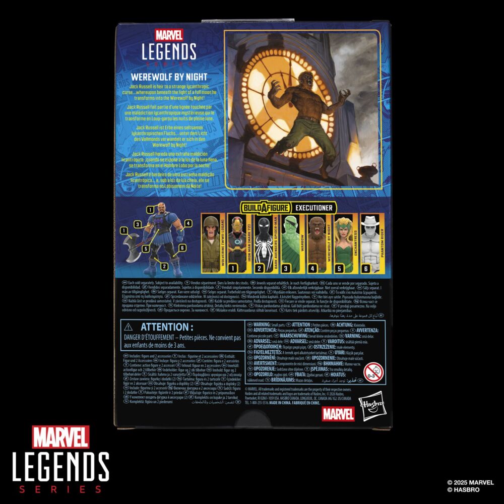 Werewolf by night marvel legends series (executioner baf). Hasbro lanza dentro de su colección marvel legends series la figura de jack russell transformado en hombre lobo al exponerse a la luna llena como ocurre en los comics de marvel. Esta figura articulada de 15 cm está acompañada por 1x brazo izquierdo y 1x mano alternativa de una figura adicional. Colecciona el resto de personajes de esta serie para conseguir todas las piezas necesarias para montar la figura de executioner. Todo se presenta en una caja con ventana.   unidades limitadas.
