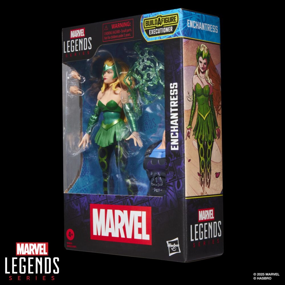 Enchantress thor marvel legends series (executioner baf). Hasbro presenta dentro de la colección marvel legends series la figura de enchantress (encantadora en españa), inspirada en su aparición en los cómics de marvel. Esta figura articulada mide 15 cm incluye 2x manos y 1x efecto de magia, además de 1x torso de una figura adicional. Colecciona el resto de personajes de esta serie para conseguir todas las piezas necesarias para montar la figura de executioner. Todo se presenta en una caja con ventana. Unidades limitadas.