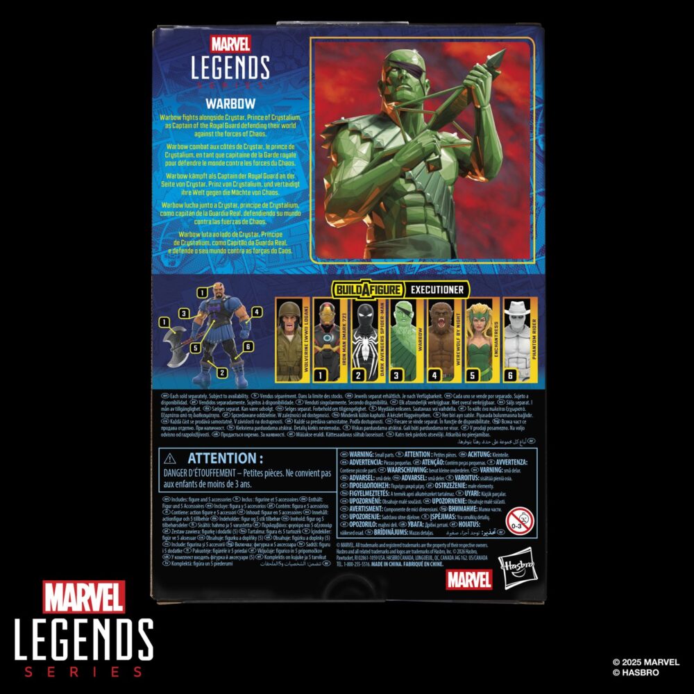 Warbow saga of crystar marvel legends series (executioner baf). Hasbro añade a su línea marvel legends series la figura del guerrero warbow, inspirada en su aparición en los comics "saga of crystar" de marvel. Esta figura articulada de 15 cm reproduce con precisión los rasgos del personaje y viene acompañada de 2x manos intercambiables y 1x ballesta, además de 1x brazo y 1x mano derecha de una figura adicional. Colecciona el resto de personajes de esta serie para conseguir todas las piezas necesarias para montar la figura de executioner. Todo se presenta en una caja con ventana. Unidades limitadas.