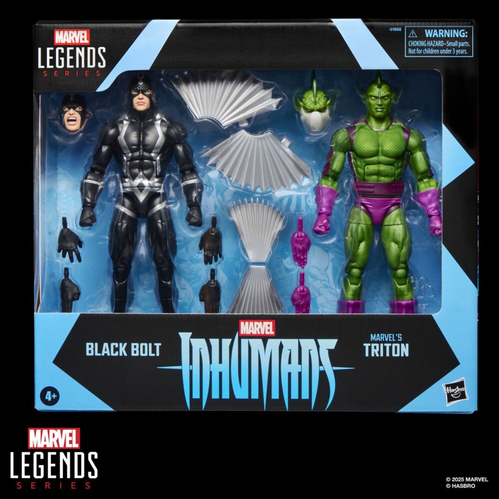 BLACK BOLT AND TRITON INHUMANS MARVEL LEGENDS SERIES. Hasbro suma a la colección Marvel Legends Series este pack de dos figuras articuladas de Black Bolt (Rayo Negro en España) y Triton, dos de los Inhumanos más famosos de los comics de Marvel. Cada figura mide aproximadamente 15 cm y cuenta con un acabado premium que reproduce con gran detalle el estilo clásico de los cómics. El pack incluye como accesorios 4x manos, 4x alas y 1x cabeza alternativa con la boca abierta para la figura de Black Bolt, además de 1x par de manos y 1x cabeza adicionales para la de Triton. Cada figura cuenta con más de 20 puntos de articulación, lo que permite recrear diversas poses dinámicas. Se presenta en una caja ilustrada de edición especial. UNIDADES LIMITADAS.