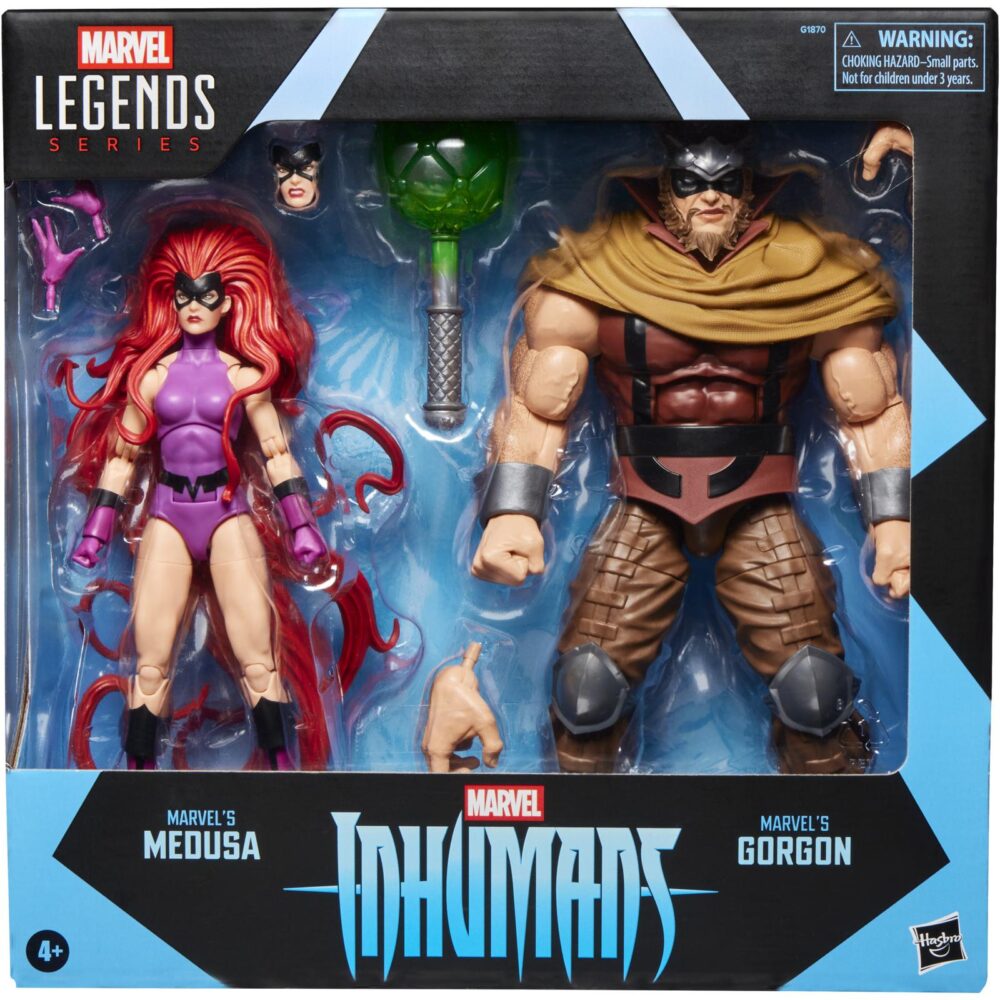 MEDUSA & GORGON INHUMANS MARVEL LEGENDS SERIES. Hasbro suma a la colección Marvel Legends Series este pack de dos figuras articuladas de Medusa y Gorgon, dos de los Inhumanos más famosos de los comics de Marvel. Cada figura mide aproximadamente 15 cm y cuenta con un acabado premium que reproduce con gran detalle el estilo clásico de los cómics. El pack incluye como accesorios 2x manos alternativas y 1x placa facial intercambiable para la figura de Medusa, además de 1x par de manos y 1x maza para la de Gorgon. Cada figura cuenta con más de 20 puntos de articulación, lo que permite recrear diversas poses dinámicas. Se presenta en una caja ilustrada de edición especial. UNIDADES LIMITADAS.
