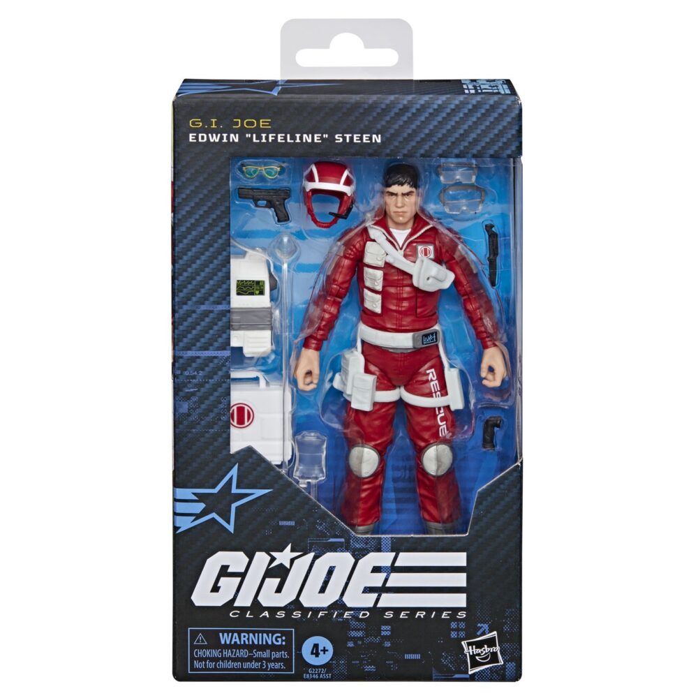 EDWIN LIFELINE STEEN G.I. JOE CLASSIFIED SERIES. Hasbro incorpora a su línea G.I. Joe Classified Series la figura nº 186, correspondiente a Edwin “Lifeline” Steen, el experto en rescates del equipo G.I. Joe. Inspirada en su apariencia clásica, esta figura totalmente articulada de 15 cm de altura destaca por su diseño actualizado y un alto nivel de detalle. Incluye 1x casco, 1x mochila, 1x maletín de paramédico que se abre, 1x máscara de respiración, 1x bolsa de sangre, 1x linterna, 1x cuchillo, 2x gafas, 1x psitola y sus icónicas gafas verdes. Se presenta en una caja ilustrada con ventana. UNIDADES LIMITADAS.
