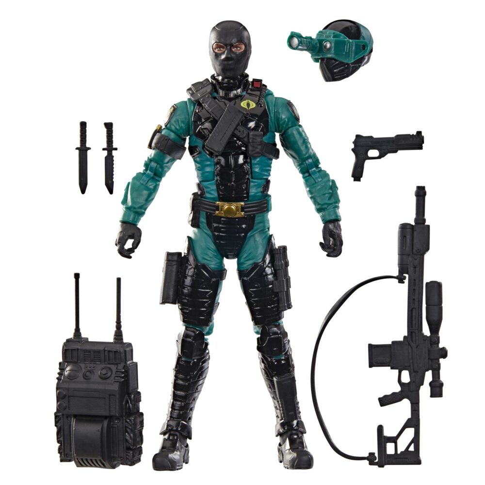 NIGHT-VIPER G.I. JOE CLASSIFIED SERIES. Hasbro presenta dentro de su línea G.I. Joe Classified Series la figura nº 187 correspondiente a Night-Viper, el soldado de operaciones nocturnas de Cobra. Esta figura a escala de 15 cm mantiene la esencia del diseño clásico con un aspecto renovado y realista. Incluye 1x casco cpm visor nocturno, 1x mochila, 2x cuchillos, 1x pistola y 1x rifle con mirilla. Sus múltiples puntos de articulación permiten recrear combates y escenas tácticas. Se presenta en una caja ilustrada con ventana. UNIDADES LIMITADAS.