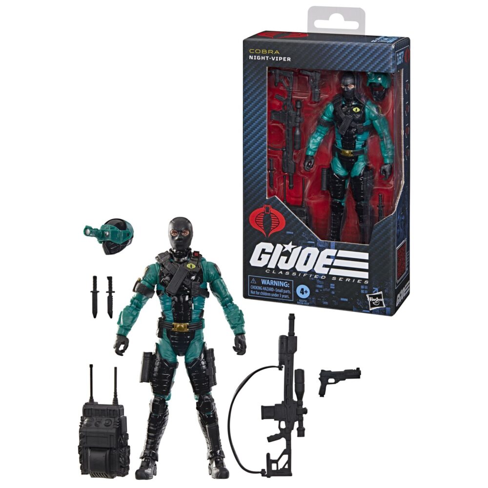 Night-viper g. I. Joe classified series. Hasbro presenta dentro de su línea g. I. Joe classified series la figura nº 187 correspondiente a night-viper, el soldado de operaciones nocturnas de cobra. Esta figura a escala de 15 cm mantiene la esencia del diseño clásico con un aspecto renovado y realista. Incluye 1x casco cpm visor nocturno, 1x mochila, 2x cuchillos, 1x pistola y 1x rifle con mirilla. Sus múltiples puntos de articulación permiten recrear combates y escenas tácticas. Se presenta en una caja ilustrada con ventana. Unidades limitadas.