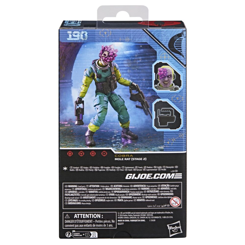 Mole rat stage 2 g. I. Joe classified series. Hasbro lanza dentro de la línea g. I. Joe classified series la figura nº 190 correspondiente a un mole rat (técnico de minería cobra) infectado en fase 2 por energón oscuro. Con una altura de 15 cm, esta figura muestra detalles realistas. Incluye 1x mochila, 1x escáner, 1x contenedor de energón oscuro, 2x cabezas alternativas con distintos niveles de mutación, 1x taladro con broca y 1x acople para convertir el taladro en rifle. Gracias a sus articulaciones, puede colocarse en múltiples posiciones. Se presenta en una caja con ventana. Unidades limitadas.