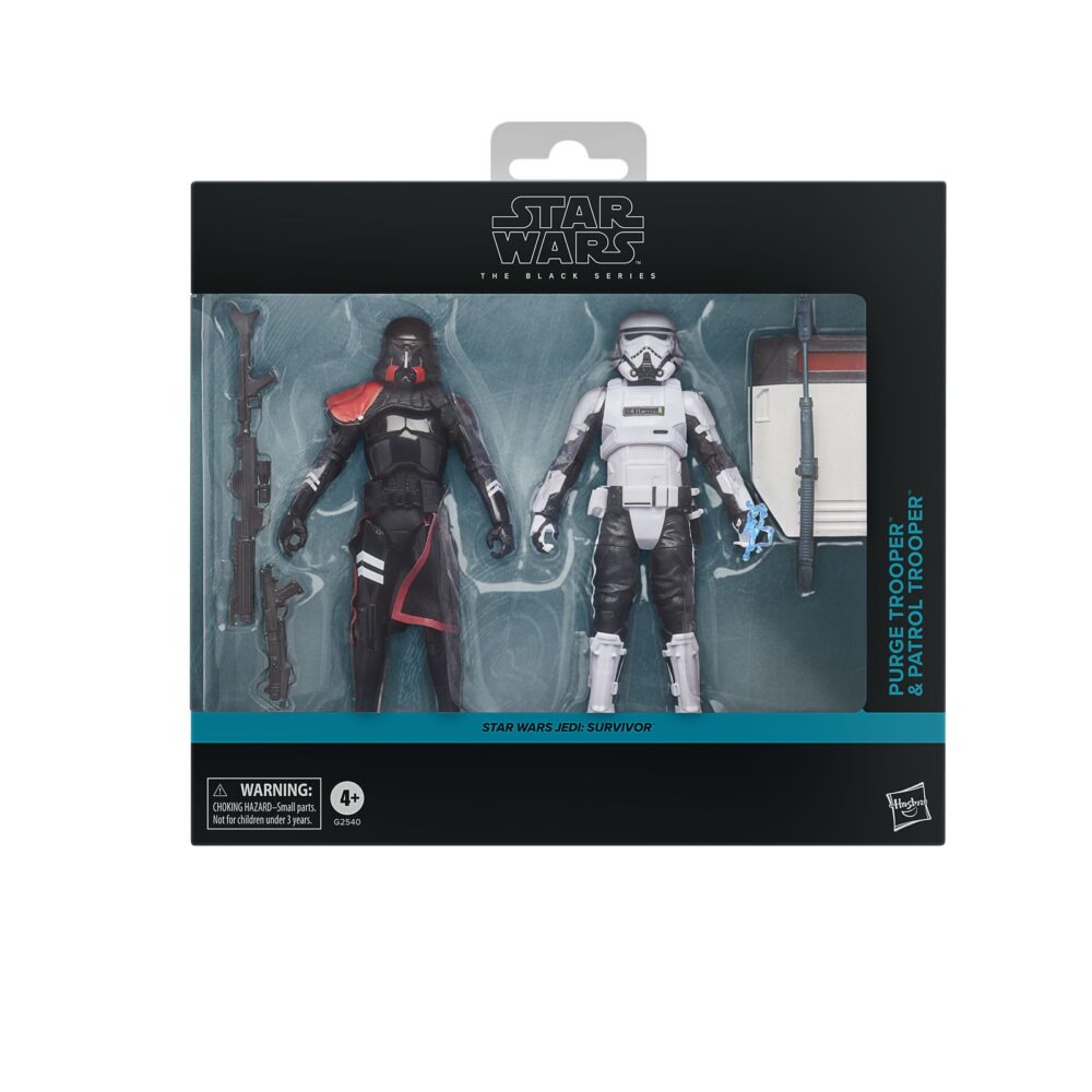PURGE TROOPER & PATROL TROOPER BLACK SERIES STAR WARS. Hasbro presenta dentro de la colección The Black Series este pack de dos figuras de Purge Trooper y Patrol Trooper, inspirado en el videojuego "Star Wars Jedi: Survivor". Ambas figuras miden 15 cm de alto y reproducen con precisión el diseño de los personajes imperiales. El set incluye: 2x blásteres, 1x escudo antidisturbios y 1x bastón eléctrico con efecto extraíble. Las figuras presentan un modelado actualizado, articulaciones completas y acabados premium ideales para exposición. Se presentan en una caja con ventana con diseño ilustrado. UNIDADES LIMITADAS.