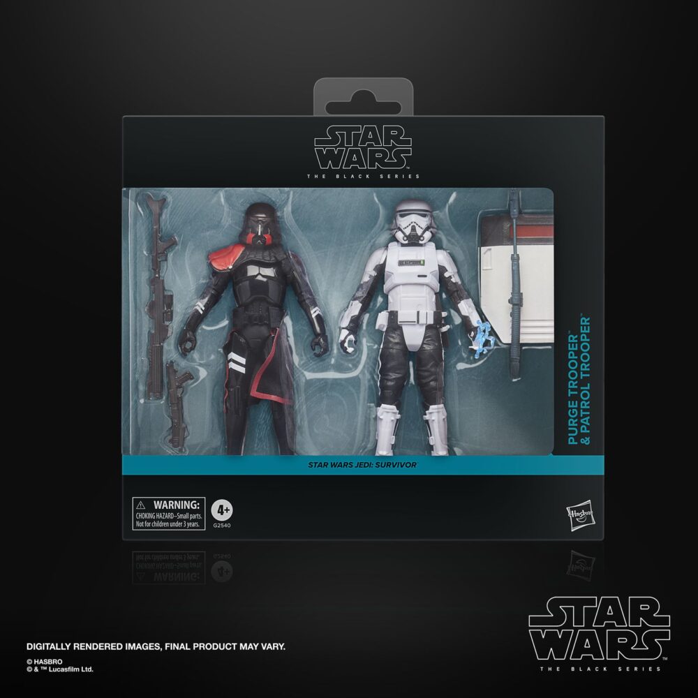 Purge trooper & patrol trooper black series star wars. Hasbro presenta dentro de la colección the black series este pack de dos figuras de purge trooper y patrol trooper, inspirado en el videojuego "star wars jedi: survivor". Ambas figuras miden 15 cm de alto y reproducen con precisión el diseño de los personajes imperiales. El set incluye: 2x blásteres, 1x escudo antidisturbios y 1x bastón eléctrico con efecto extraíble. Las figuras presentan un modelado actualizado, articulaciones completas y acabados premium ideales para exposición. Se presentan en una caja con ventana con diseño ilustrado. Unidades limitadas.