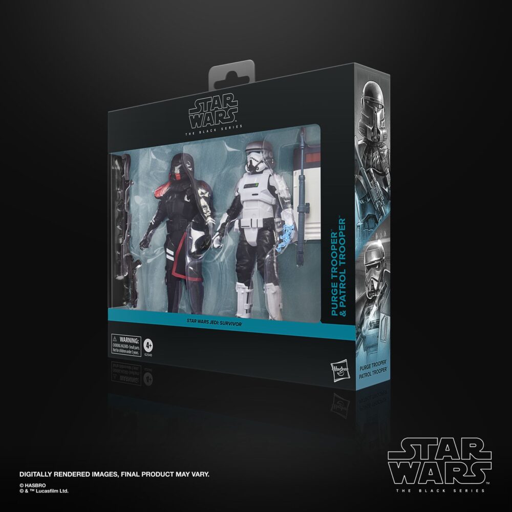 Purge trooper & patrol trooper black series star wars. Hasbro presenta dentro de la colección the black series este pack de dos figuras de purge trooper y patrol trooper, inspirado en el videojuego "star wars jedi: survivor". Ambas figuras miden 15 cm de alto y reproducen con precisión el diseño de los personajes imperiales. El set incluye: 2x blásteres, 1x escudo antidisturbios y 1x bastón eléctrico con efecto extraíble. Las figuras presentan un modelado actualizado, articulaciones completas y acabados premium ideales para exposición. Se presentan en una caja con ventana con diseño ilustrado. Unidades limitadas.