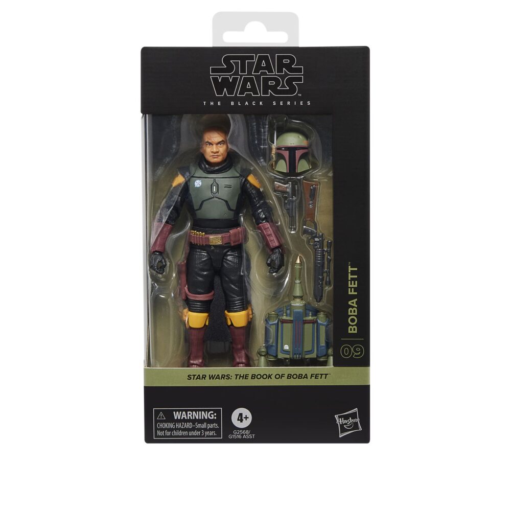 BOBA FETT (THE BOOK OF BOBA FETT) BLACK SERIES STAR WARS. Hasbro añade a su colección The Black Series la figura premium de Boba Fett, basada en su aparición en la serie de Disney+ "Star Wars: The Book of Boba Fett" ("Star Wars: El libro de Boba Fett" en España). Esta figura de 15 cm destaca por su sus detalles realistas y múltiples puntos de articulación. Incluye 1x casco extraíble, 1x bláster, 1x rifle láser y 1x mochila-propulsora con cohete desmontable. Presenta una capa de tela y un diseño inspirado en su emblemática armadura mandaloriana. Se presenta en una caja con ventana ilustrada.  UNIDADES LIMITADAS.