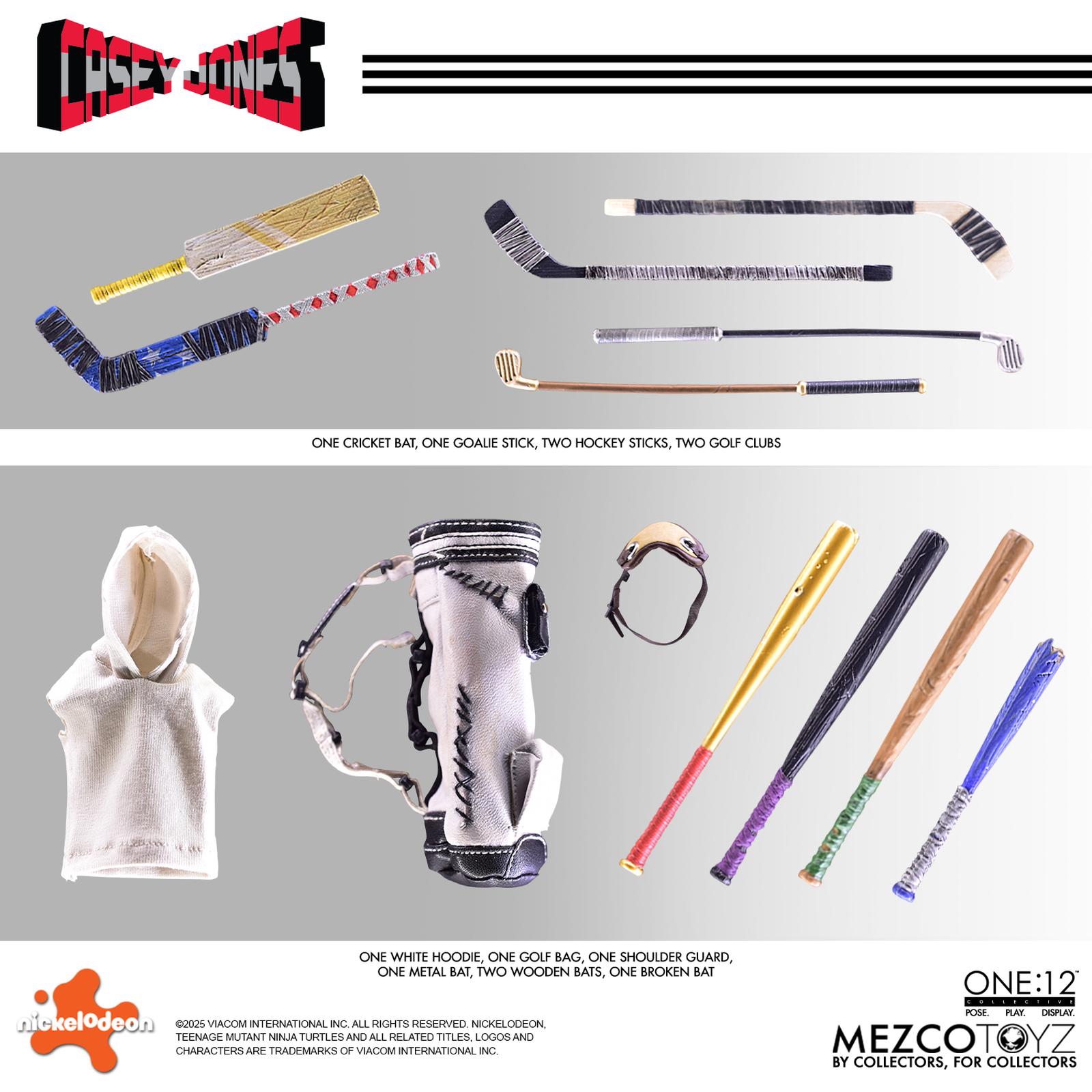 CASEY JONES TEENAGE MUTANT NINJA TURTLES ONE: 12 COLLECTIVE Casey jones teenage mutant ninja turtles one: 12 collective. Mezco toyz presenta dentro de su línea one:12 collective la figura articulada de casey jones, inspirada en la apariencia del personaje del universo "teenage mutant ninja turtles". Esta figura tiene una altura aproximada de 17 cm, cuenta con más de 32 puntos de articulación y tiene un montón de detalles pintados a mano. Viene acompañada de 3x placas faciales, 10x manos adicionales y 1x bolsa de golf para transportar su arsenal improvisado compuesto por: 1x bate de cricket, 3x sticks de hockey (uno de ellos de portero), 2x palos de golf y 4x bates de béisbol (uno de ellos roto). Su atuendo incluye 1x camiseta de punto roja sin mangas, 1x pantalón de chándal, 1x par de zapatillas deportivas, 1x protector de hombros y 1x sudadera blanca con capucha. También incluye una base circular con logo y un brazo articulado. Se presenta en una caja ilustrada.