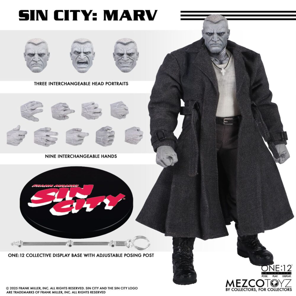 Marv sin city one:12 collective. Mezco toyz presenta dentro de su línea one:12 collective la figura articulada de marv, inspirada en la apariencia del personaje de la icónica obra de frank miller "sin city". Esta imponente figura tiene una altura aproximada de 17 cm y refleja a la perfección el estilo crudo y violento del antihéroe más brutal de basin city. Cuenta con más de 30 puntos de articulación y viene acompañada de 3x placas faciales, 9x manos adicionales, 1x pistola gladys con 2x cargadores extraíbles, 2x efectos de disparo, 1x sierra, 1x hacha, 1x bidón de gasolina con 1x efecto de llama extraíble, 1x mechero encendido, 1x paquete de cigarrillos abierto, 3x cigarrillos encendidos, 1x par de esposas y 1x cabeza decapitada de kevin con mechón desmontable que permite sujetarla. Su atuendo incluye un abrigo largo envejecido, camiseta, pantalones, botas y un colgante con cruz. Se presenta en una caja con detalles gráficos inspirados en la obra original.