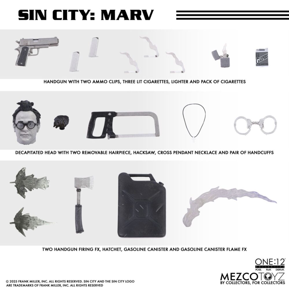 Marv sin city one:12 collective. Mezco toyz presenta dentro de su línea one:12 collective la figura articulada de marv, inspirada en la apariencia del personaje de la icónica obra de frank miller "sin city". Esta imponente figura tiene una altura aproximada de 17 cm y refleja a la perfección el estilo crudo y violento del antihéroe más brutal de basin city. Cuenta con más de 30 puntos de articulación y viene acompañada de 3x placas faciales, 9x manos adicionales, 1x pistola gladys con 2x cargadores extraíbles, 2x efectos de disparo, 1x sierra, 1x hacha, 1x bidón de gasolina con 1x efecto de llama extraíble, 1x mechero encendido, 1x paquete de cigarrillos abierto, 3x cigarrillos encendidos, 1x par de esposas y 1x cabeza decapitada de kevin con mechón desmontable que permite sujetarla. Su atuendo incluye un abrigo largo envejecido, camiseta, pantalones, botas y un colgante con cruz. Se presenta en una caja con detalles gráficos inspirados en la obra original.
