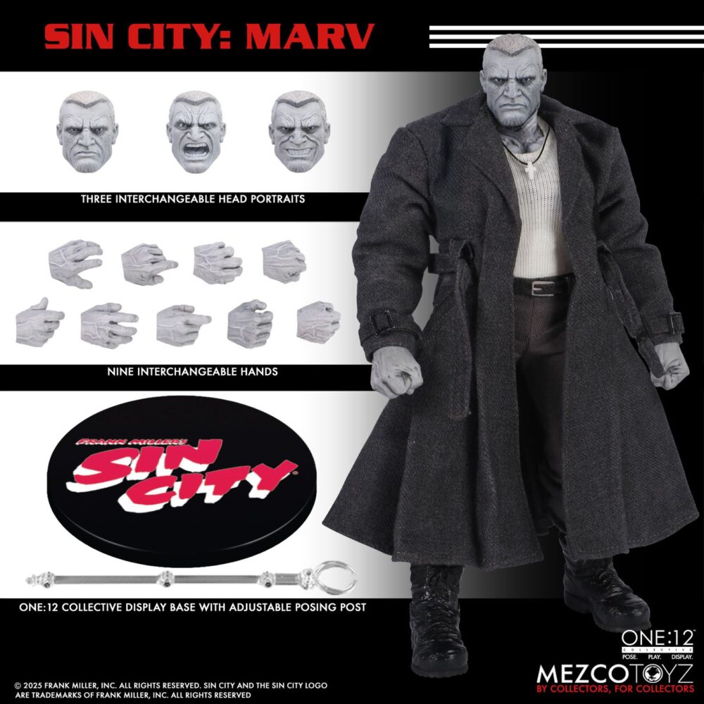 Marv sin city one:12 collective. Mezco toyz presenta dentro de su línea one:12 collective la figura articulada de marv, inspirada en la apariencia del personaje de la icónica obra de frank miller "sin city". Esta imponente figura tiene una altura aproximada de 17 cm y refleja a la perfección el estilo crudo y violento del antihéroe más brutal de basin city. Cuenta con más de 30 puntos de articulación y viene acompañada de 3x placas faciales, 9x manos adicionales, 1x pistola gladys con 2x cargadores extraíbles, 2x efectos de disparo, 1x sierra, 1x hacha, 1x bidón de gasolina con 1x efecto de llama extraíble, 1x mechero encendido, 1x paquete de cigarrillos abierto, 3x cigarrillos encendidos, 1x par de esposas y 1x cabeza decapitada de kevin con mechón desmontable que permite sujetarla. Su atuendo incluye un abrigo largo envejecido, camiseta, pantalones, botas y un colgante con cruz. Se presenta en una caja con detalles gráficos inspirados en la obra original.