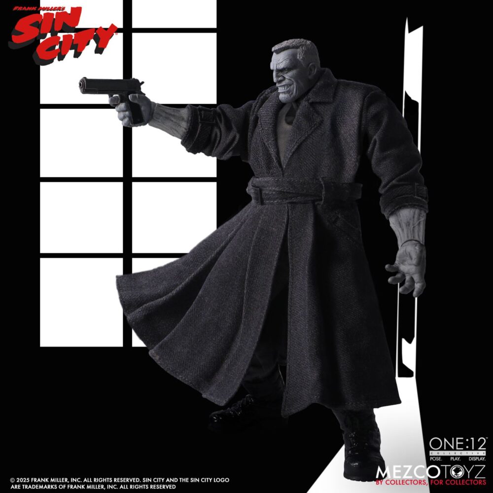 Marv sin city one:12 collective. Mezco toyz presenta dentro de su línea one:12 collective la figura articulada de marv, inspirada en la apariencia del personaje de la icónica obra de frank miller "sin city". Esta imponente figura tiene una altura aproximada de 17 cm y refleja a la perfección el estilo crudo y violento del antihéroe más brutal de basin city. Cuenta con más de 30 puntos de articulación y viene acompañada de 3x placas faciales, 9x manos adicionales, 1x pistola gladys con 2x cargadores extraíbles, 2x efectos de disparo, 1x sierra, 1x hacha, 1x bidón de gasolina con 1x efecto de llama extraíble, 1x mechero encendido, 1x paquete de cigarrillos abierto, 3x cigarrillos encendidos, 1x par de esposas y 1x cabeza decapitada de kevin con mechón desmontable que permite sujetarla. Su atuendo incluye un abrigo largo envejecido, camiseta, pantalones, botas y un colgante con cruz. Se presenta en una caja con detalles gráficos inspirados en la obra original.