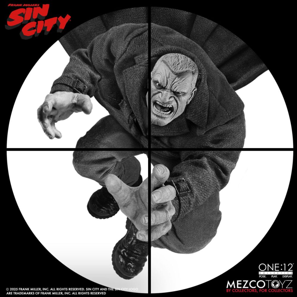 Marv sin city one:12 collective. Mezco toyz presenta dentro de su línea one:12 collective la figura articulada de marv, inspirada en la apariencia del personaje de la icónica obra de frank miller "sin city". Esta imponente figura tiene una altura aproximada de 17 cm y refleja a la perfección el estilo crudo y violento del antihéroe más brutal de basin city. Cuenta con más de 30 puntos de articulación y viene acompañada de 3x placas faciales, 9x manos adicionales, 1x pistola gladys con 2x cargadores extraíbles, 2x efectos de disparo, 1x sierra, 1x hacha, 1x bidón de gasolina con 1x efecto de llama extraíble, 1x mechero encendido, 1x paquete de cigarrillos abierto, 3x cigarrillos encendidos, 1x par de esposas y 1x cabeza decapitada de kevin con mechón desmontable que permite sujetarla. Su atuendo incluye un abrigo largo envejecido, camiseta, pantalones, botas y un colgante con cruz. Se presenta en una caja con detalles gráficos inspirados en la obra original.