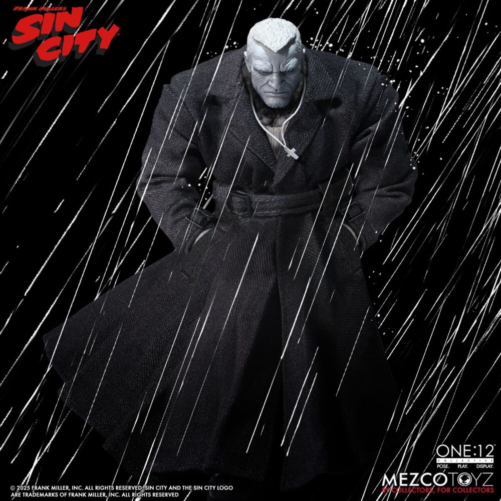 Marv sin city one:12 collective. Mezco toyz presenta dentro de su línea one:12 collective la figura articulada de marv, inspirada en la apariencia del personaje de la icónica obra de frank miller "sin city". Esta imponente figura tiene una altura aproximada de 17 cm y refleja a la perfección el estilo crudo y violento del antihéroe más brutal de basin city. Cuenta con más de 30 puntos de articulación y viene acompañada de 3x placas faciales, 9x manos adicionales, 1x pistola gladys con 2x cargadores extraíbles, 2x efectos de disparo, 1x sierra, 1x hacha, 1x bidón de gasolina con 1x efecto de llama extraíble, 1x mechero encendido, 1x paquete de cigarrillos abierto, 3x cigarrillos encendidos, 1x par de esposas y 1x cabeza decapitada de kevin con mechón desmontable que permite sujetarla. Su atuendo incluye un abrigo largo envejecido, camiseta, pantalones, botas y un colgante con cruz. Se presenta en una caja con detalles gráficos inspirados en la obra original.