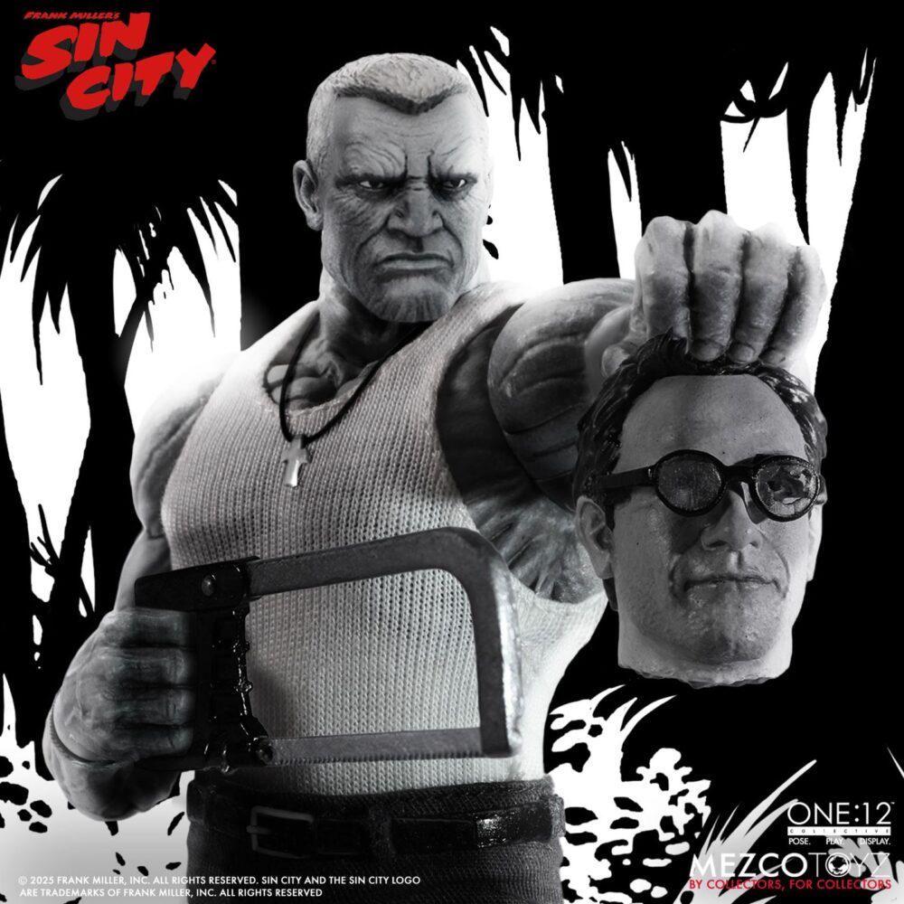 Marv sin city one:12 collective. Mezco toyz presenta dentro de su línea one:12 collective la figura articulada de marv, inspirada en la apariencia del personaje de la icónica obra de frank miller "sin city". Esta imponente figura tiene una altura aproximada de 17 cm y refleja a la perfección el estilo crudo y violento del antihéroe más brutal de basin city. Cuenta con más de 30 puntos de articulación y viene acompañada de 3x placas faciales, 9x manos adicionales, 1x pistola gladys con 2x cargadores extraíbles, 2x efectos de disparo, 1x sierra, 1x hacha, 1x bidón de gasolina con 1x efecto de llama extraíble, 1x mechero encendido, 1x paquete de cigarrillos abierto, 3x cigarrillos encendidos, 1x par de esposas y 1x cabeza decapitada de kevin con mechón desmontable que permite sujetarla. Su atuendo incluye un abrigo largo envejecido, camiseta, pantalones, botas y un colgante con cruz. Se presenta en una caja con detalles gráficos inspirados en la obra original.