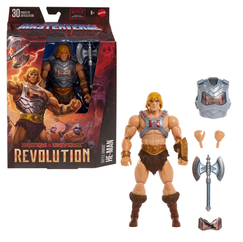 Battle armor he-man masters of the universe revolution masterverse.  ¡es un momento emocionante para ser fanático de masters of the universe! Para los fanáticos de toda la vida y para una nueva generación de niños que aman la acción y la aventura. ¡es hora de experimentar la emocionante acción y aventuras de he-man, skeletor, los secretos del castillo grayskull y mucho más!. Las figuras de esta colección miden 5,5 pulgadas de alto y tienen 16 articulaciones móviles. Son altamente articuladas para una diversión imaginativa y orientada a la acción. ¡al estilo masters of the universe! Los fanáticos de toda la vida apreciarán tanto los detalles de diseño vintage que honran la herencia de esta querida franquicia de aventuras como las actualizaciones de diseño que agregan una mirada emocionante al futuro. ¡cada figura viene con un accesorio de batalla y un mini cómic de una serie que explora nuevas historias y presenta héroes, villanos y aliados en la eterna batalla entre el bien y el mal! A los aficionados les encantará el embalaje retro de estilo clásico. Esté atento a los nuevos personajes que están por llegar y seleccione una colección para jugar e intercambiar.