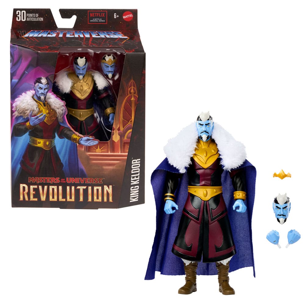 KING KELDOR MASTERS OF THE UNIVERSE REVOLUTION MASTERVERSE. ¡Es un momento emocionante para ser fanático de Masters of the Universe! Para los fanáticos de toda la vida y para una nueva generación de niños que aman la acción y la aventura. ¡Es hora de experimentar la emocionante acción y aventuras de He-Man, Skeletor, los secretos del Castillo Grayskull y mucho más!. Las figuras de esta colección miden 5,5 pulgadas de alto y tienen 16 articulaciones móviles. Son altamente articuladas para una diversión imaginativa y orientada a la acción. ¡Al estilo Masters of the Universe! Los fanáticos de toda la vida apreciarán tanto los detalles de diseño vintage que honran la herencia de esta querida franquicia de aventuras como las actualizaciones de diseño que agregan una mirada emocionante al futuro. ¡Cada figura viene con un accesorio de batalla y un mini cómic de una serie que explora nuevas historias y presenta héroes, villanos y aliados en la eterna batalla entre el bien y el mal! A los aficionados les encantará el embalaje retro de estilo clásico. Esté atento a los nuevos personajes que están por llegar y seleccione una colección para jugar e intercambiar.