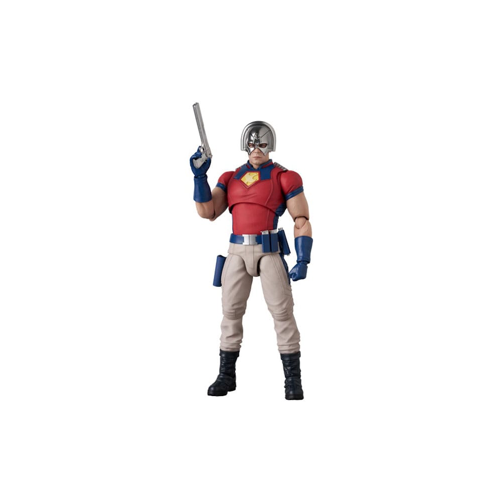 PEACEMAKER SUICIDE SQUAD MAFEX. De la película The Suicide Squad, Peacemaker es un antihéroe carismático pero controvertido que no se detendrá ante nada para lograr la paz, ni siquiera ante la violencia. Esta figura oficial captura su esencia con notable precisión. Con una altura de unos 16 centímetros, la figura destaca su aspecto icónico: el polo rojo ajustado con emblema, los pantalones de color claro, los guantes y botas azules, y su característico casco plateado con forma de paloma. Medicom Toy ha recreado fielmente cada detalle como parte de la línea Miracle Action Figure (MAFEX). Gracias a sus múltiples puntos de articulación, Peacemaker puede adoptar dinámicas posturas de combate, posiciones de disparo o poses características. Una pieza imprescindible para los entusiastas de DC Comics y los fans del universo cinematográfico de The Suicide Squad.