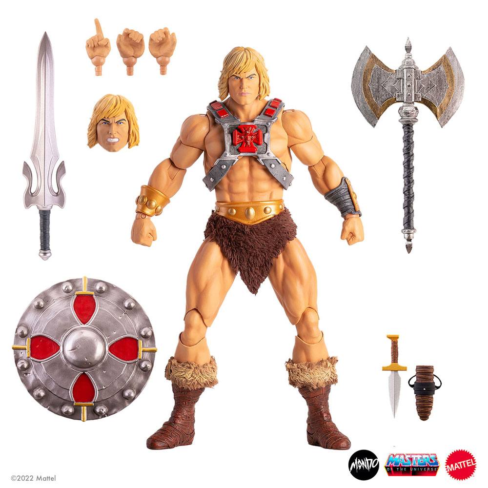 He-man masters of the universe mondo 1/6.  ¡por el poder de grayskull!... ¡tú también puedes tener el poder! Mondo se enorgullece de presentar el regreso de he-man a esta línea de figuras a escala 1/6 de masters of the universe. Con más de 30 puntos de articulación, elementos de vestuario de tela y múltiples accesorios, incluidos tres retratos intercambiables y una variedad de armas.