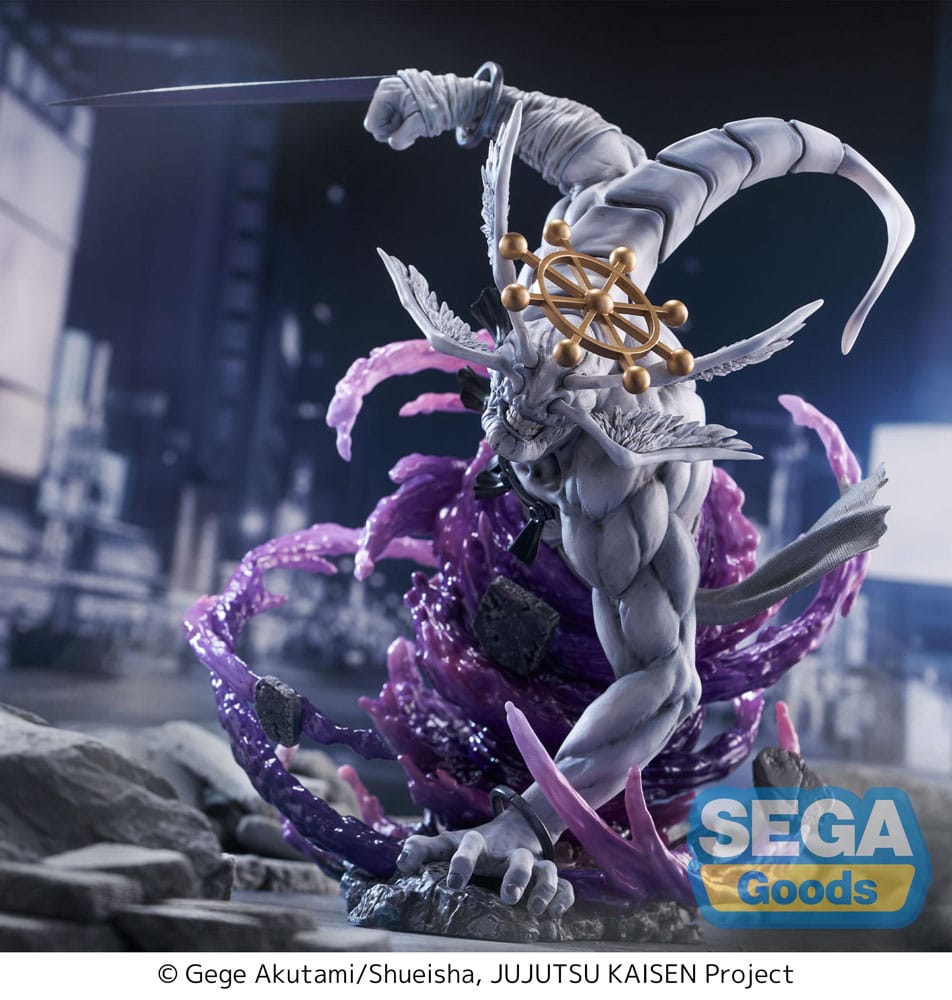 EIGHT-HANDLED SWORD DIVERGENT SILA DIVINE GENERAL MAHORAGA JUJUTSU KAISEN FIGURIZMA. El general divino Mahoraga es el shikigami más poderoso de la técnica de las diez sombras del clan Zenin. Invocarlo es un acto desesperado, incluso entre hechiceros de élite como Megumi Fushiguro. Conocido por su aterradora capacidad para adaptarse a cualquier técnica, Mahoraga es una fuerza destructiva sin igual. Esta figura de la colección Figurizm Alpha mide aproximadamente 22 cm de altura y captura a la perfección el intimidante diseño de Mahoraga. Desde su musculoso cuerpo blanco y la rueda divina similar a un halo sobre su cabeza, hasta los impresionantes efectos de energía púrpura, esta figura irradia una fuerza y una presencia abrumadoras. Imprescindible para los coleccionistas de Jujutsu Kaisen y los fans de las estatuas de batalla de gran potencia.