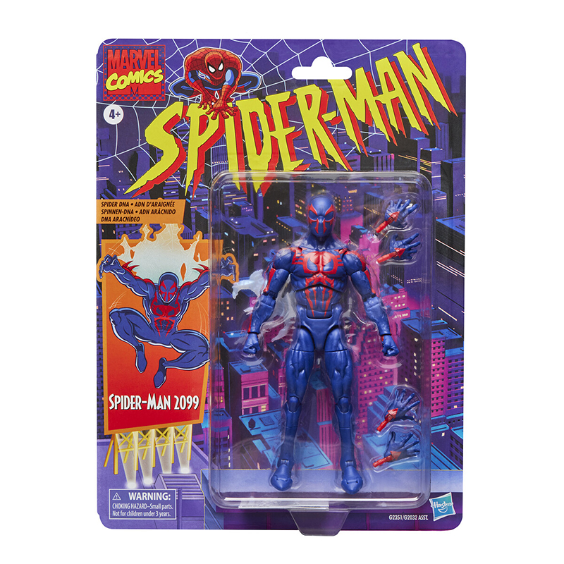 SPIDER-MAN 2099 MARVEL LEGENDS SERIES. Hasbro presenta en su colección Marvel Legends Series, esta figura retro de Spider-Man en su versión 2099, cuando un accidente de laboratorio modificó el código genético del científico Miguel O’Hara en los cómics de "Spider-Man 2099". Mide 15 cm de altura y cuenta con más de 20 puntos de articulación, permitiendo recrear poses dinámicas. Incluye 4x manos intercambiables (2x lanzando telarañas y 2x trepamuros) y 1x capa deshilachada. Presenta un esculpido y pintado de alta calidad inspirado en su diseño clásico de los cómics. Se presenta en blíster estilo retro con ilustraciones. UNIDADES LIMITADAS.