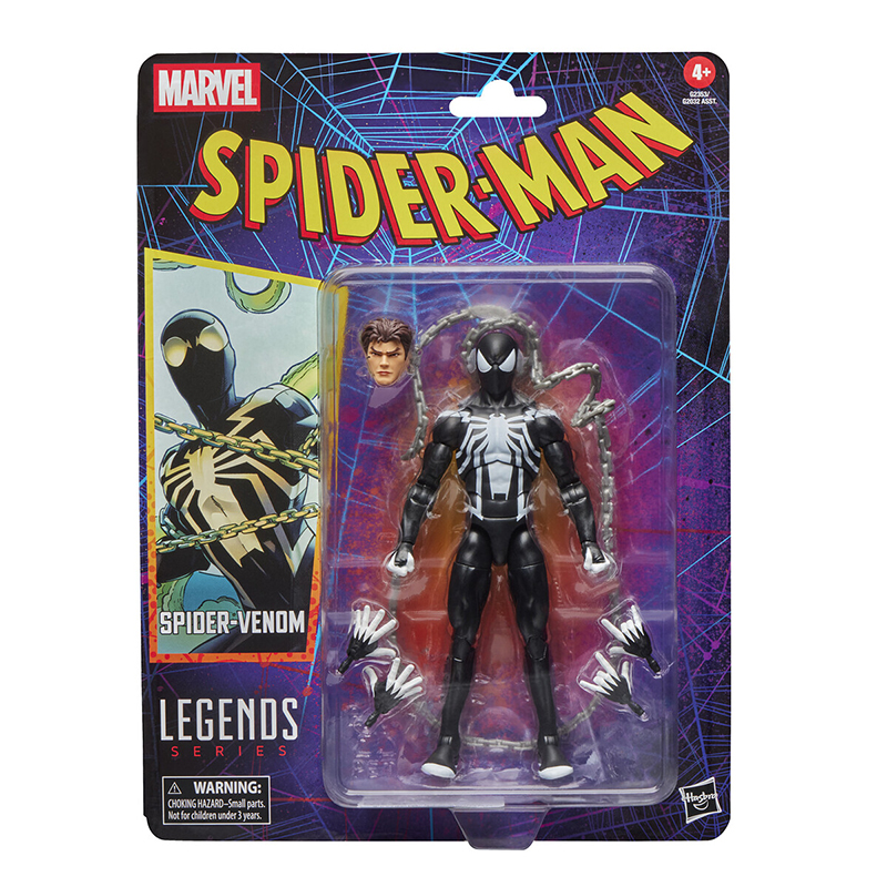 SPIDER-VENOM MARVEL LEGENDS SERIES. Hasbro incorpora a su línea Marvel Legends Series esta figura retro de Spider-Venom, inspirada en los cómics de "Spider-Man" cuando el simbionte Venom vuelve a unirse a su antiguo huésped Peter Parker. La figura mide 15 cm y ofrece más de 20 puntos de articulación para exhibirla en poses dinámicas. Incluye 4x manos alternativas (2x lanzando telarañas y 2x trepamuros), 1x cabeza alternativa y 1x cadena. Presenta un diseño detallado fiel al estilo de los cómics. Se presenta en blíster de estilo retro con arte de colección. UNIDADES LIMITADAS.