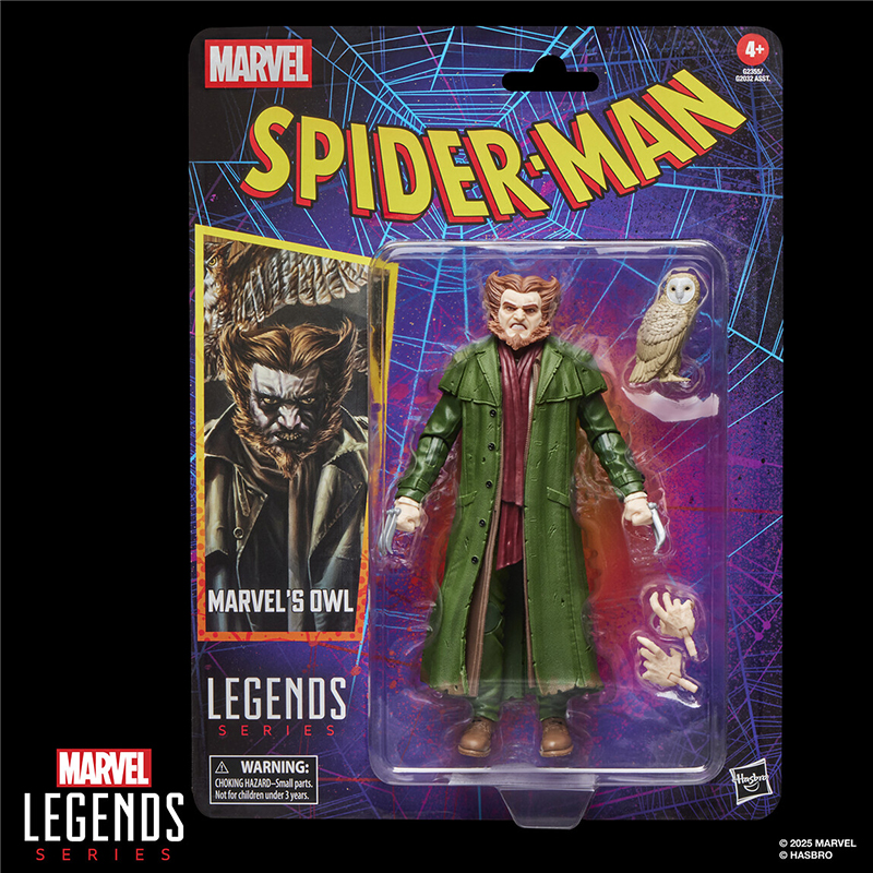 THE OWL MARVEL LEGENDS SERIES. Hasbro suma a su colección Marvel Legends Series la figura retro del villano Leland Owlsley alias The Owl (El Búho en España), basada en su aparición en los cómics de "Spider-Man". Mide 15 cm y dispone de más de 20 puntos de articulación. Incluye 2x manos con garras intercambiables, 1x búho como mascota y 1x bufanda removible. Cuenta con un diseño premium y esculpido detallado que recrean fielmente al personaje. Se presenta en un blíster estilo retro. UNIDADES LIMITADAS.