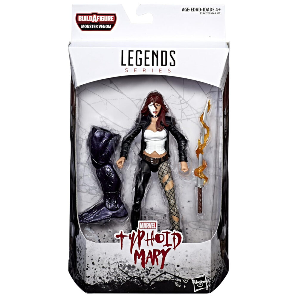 Typhoid mary marvel legends series.  mary, que en su día trabajó en un burdel, fue accidentalmente empujada por una ventana por daredevil, lo que le provocó sus poderes y una enfermedad mental. Adquirió tres personalidades distintas y se convirtió en typhoid mary, que juró no volver a ser herida por un hombre nunca más. Con una apariencia inspirada en los cómics, mary viene con su katana envuelta en llamas, así como una pieza build-a-figure. La serie marvel legends presenta figuras de 15 cm basadas en algunos de los personajes más legendarios de marvel, tanto de sus cómics como de sus películas. Cada figura es muy articulada y presenta un diseño inspirado en los cómics, lo que las convierte en imprescindibles en cualquier colección de marvel.