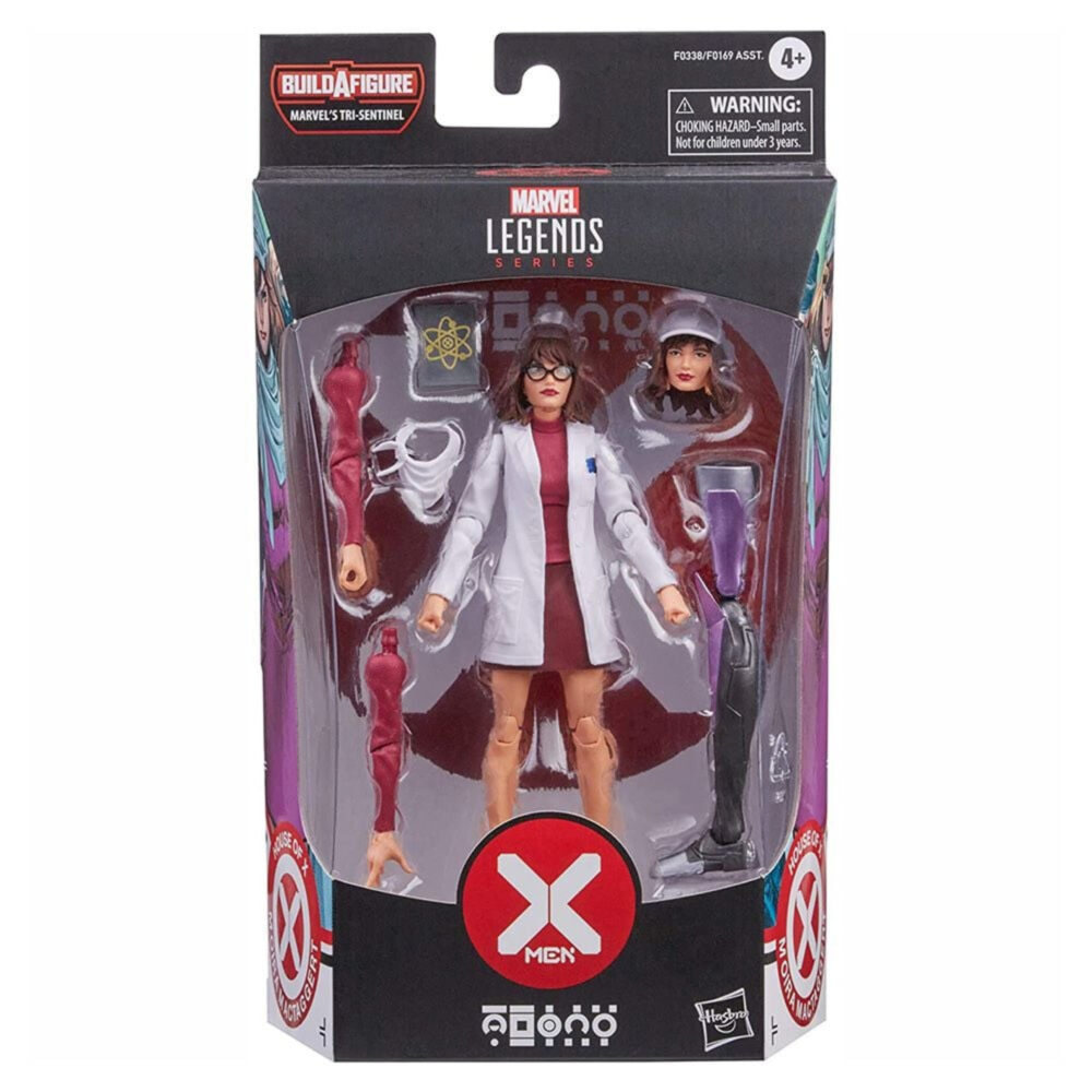 MOIRA X MEN MARVEL LEGENDS SERIES. Hasbro Fans presenta la figura X-Men de Moira, para la colección Marvel Legends. Se trata de una figura articulada de 15 cm hecha en PVC. Incluye una cabeza alternativa, un pañuelo y brazos intercambiables. Con su bata blanca y sus pequeñas gafas sobre la nariz, parece una investigadora genial. Se trata, de hecho, de una réplica articulada de Moira Mac Taggert, una genetista sin igual, galardonada con el Nobel por sus trabajos sobre el gen X. Además, la científica, que en su día estuvo enamorada del profesor Xavier, es una gran especialista en mutantes y genética. Y su figurita, con dos caras y dos pares de manos, es totalmente articulada. De este modo, puede representar al personaje en múltiples situaciones.