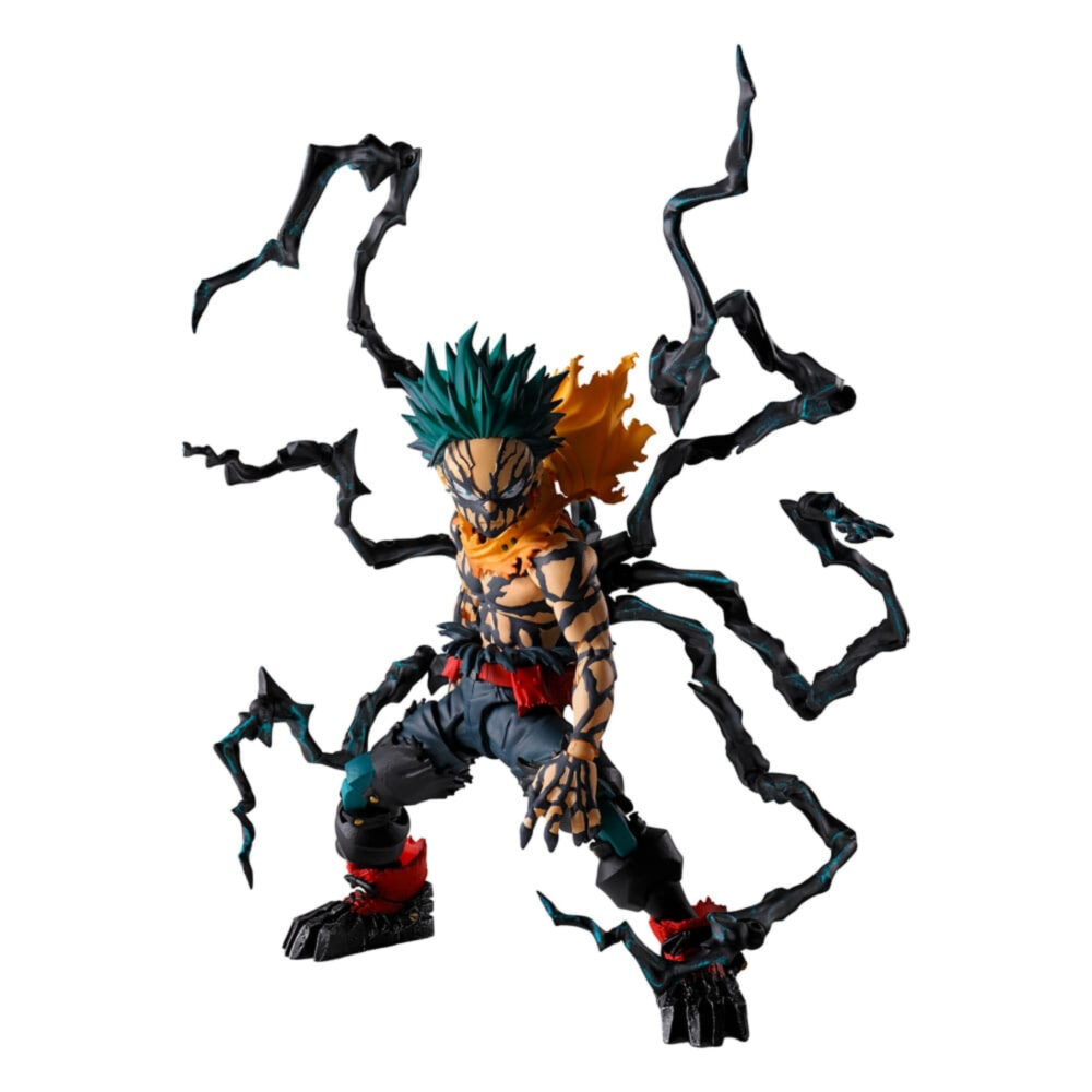 DEKU OVERLAY MY HERO ACADEMIA SH FIGUARTS. En My Hero Academia, Deku crece en un mundo en el que los héroes se enfrentan a amenazas cada vez mayores. Esta versión Overlay lo muestra en un momento de intenso poder, rodeado de una energía oscura y crepitante que transmite la urgencia y la presión de la batalla. La atmósfera parece la de un enfrentamiento decisivo en el que todo pende de un hilo. Deku desempeña un papel central en la serie, llevando el legado de One For All mientras forja su propio camino. Esta forma destaca un hito en su desarrollo, mezclando la determinación con el esfuerzo de superarse más que nunca. La figura captura con precisión este feroz diseño: pelo verde oscuro con puntas, torso con marcas oscuras, pantalones oscuros reforzados y botas pesadas. A su alrededor, un estilizado rayo negro se extiende hacia afuera, realzando la sensación de energía bruta. Su postura agachada, lista para atacar, amplifica la tensión de la escena. Con una altura de unos 14 cm, esta figura S.H.Figuarts incluye una articulación suave para realizar diversas poses. Las líneas del cuerpo, el sombreado de la piel y el esculpido de las piezas del rayo le confieren una fuerte personalidad visual. Los efectos circundantes ayudan a crear una exposición dinámica y de gran impacto.