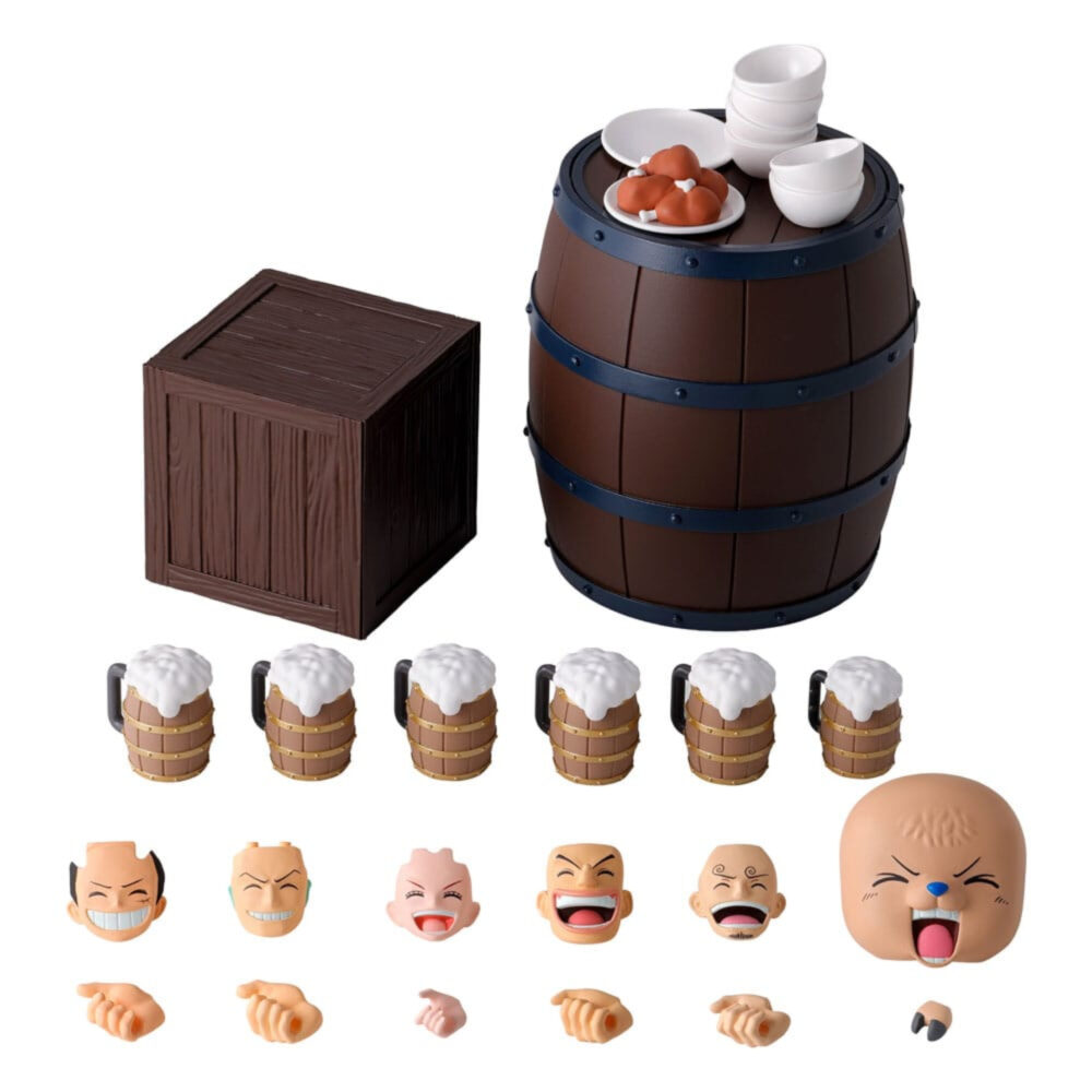 PARTY SET THE STRAW HAT CREW ONE PIECE SH FIGUARTS. Para todos los fans de One Piece, las escenas de celebración de los Sombreros de Paja a bordo del Going Merry o del Thousand Sunny son tan emblemáticas como sus épicas batallas. Este set de accesorios captura el espíritu de esas alegres reuniones con comidas compartidas, risas y mucha cerveza espumosa. Aunque este set no incluye ninguna figura, cuenta con una gran selección de piezas diseñadas para complementar a tus personajes favoritos de S.H.Figuarts. En su interior encontrarás un barril con cuencos y platos de comida, una caja de madera, seis jarras de cerveza, varias manos intercambiables y caras expresivas, perfectas para las escenas de fiesta. El diseño se mantiene fiel al estilo distintivo del anime, con mini barriles de madera llenos de espuma, caras exageradamente risueñas e incluso una cara de Chopper con la boca abierta para mayor diversión. Estas piezas ayudan a llevar los momentos más animados de la tripulación a tu estantería. Fabricado en PVC, este kit de accesorios es ideal para mejorar las exposiciones de S.H.Figuarts con humor y autenticidad. Tanto si quieres recrear un alegre festín como añadir personalidad a tu diorama, este set es el complemento perfecto para tu colección de One Piece.