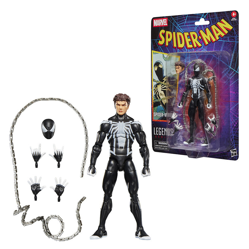 SPIDER-VENOM MARVEL LEGENDS SERIES. Hasbro incorpora a su línea Marvel Legends Series esta figura retro de Spider-Venom, inspirada en los cómics de "Spider-Man" cuando el simbionte Venom vuelve a unirse a su antiguo huésped Peter Parker. La figura mide 15 cm y ofrece más de 20 puntos de articulación para exhibirla en poses dinámicas. Incluye 4x manos alternativas (2x lanzando telarañas y 2x trepamuros), 1x cabeza alternativa y 1x cadena. Presenta un diseño detallado fiel al estilo de los cómics. Se presenta en blíster de estilo retro con arte de colección. UNIDADES LIMITADAS.