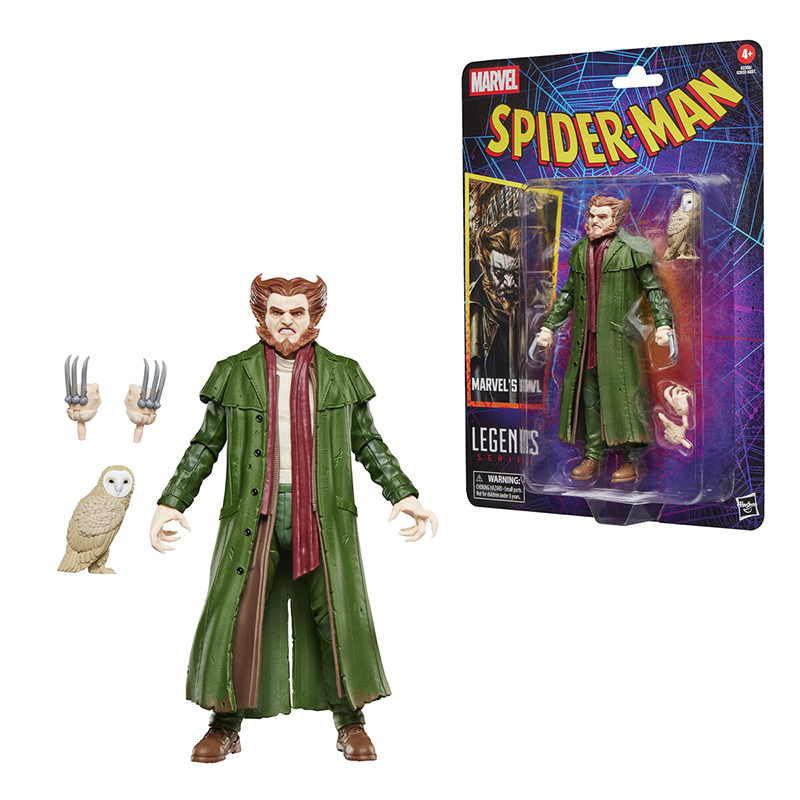 THE OWL MARVEL LEGENDS SERIES. Hasbro suma a su colección Marvel Legends Series la figura retro del villano Leland Owlsley alias The Owl (El Búho en España), basada en su aparición en los cómics de "Spider-Man". Mide 15 cm y dispone de más de 20 puntos de articulación. Incluye 2x manos con garras intercambiables, 1x búho como mascota y 1x bufanda removible. Cuenta con un diseño premium y esculpido detallado que recrean fielmente al personaje. Se presenta en un blíster estilo retro. UNIDADES LIMITADAS.