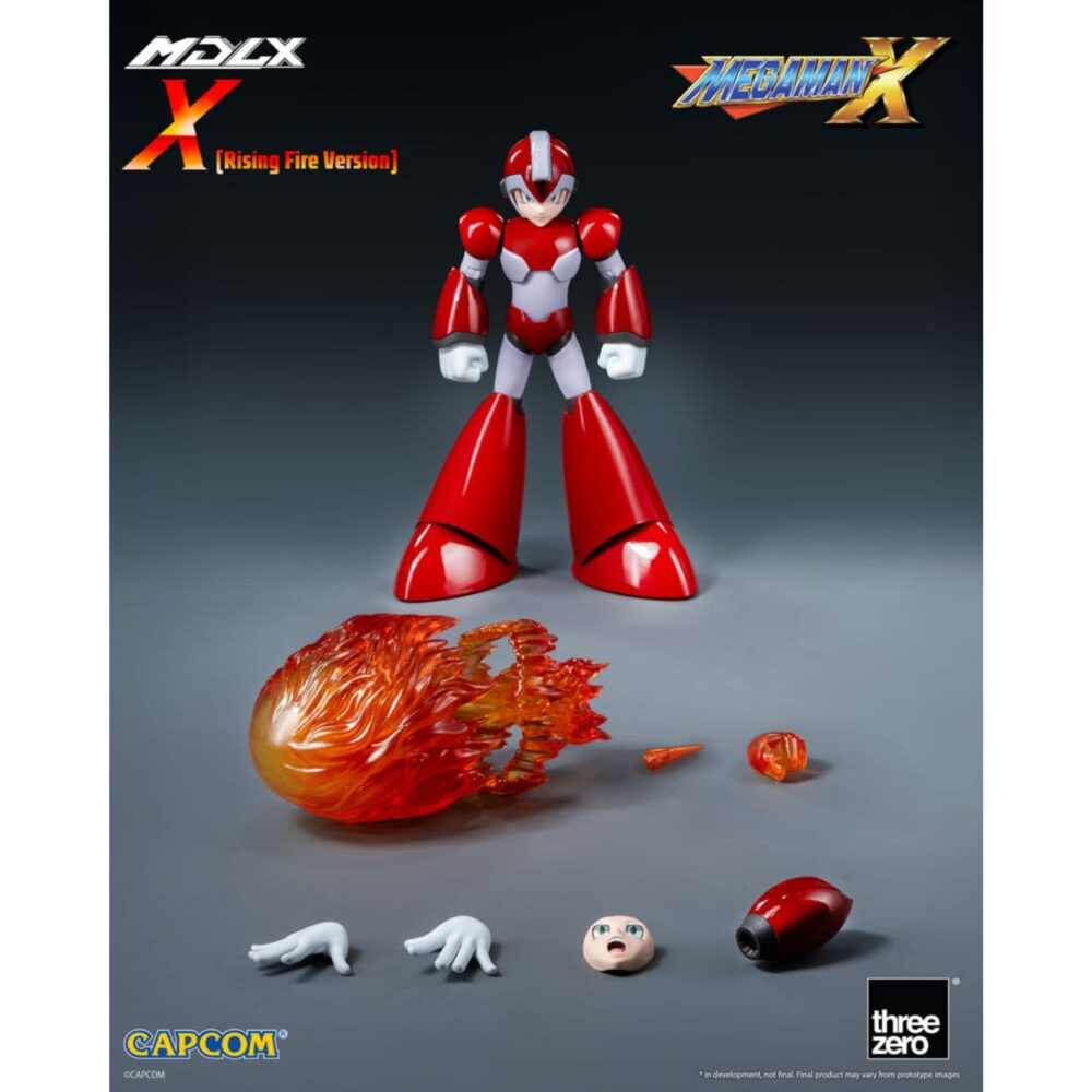 MEGA MAN FIGURA MDLX ROCKMAN X / MEGA MAN X (RISING FIRE VERSION). En el mundo futurista de Mega Man X, X es un legendario Maverick Hunter, a la vez máquina de combate y símbolo de esperanza. La versión «Rising Fire» hace referencia a una de sus habilidades especiales, obtenida durante el combate, y le proporciona una mejora visual ardiente junto con un mayor poder. Esta versión presenta a X en una llamativa paleta de colores rojos, que representa su dominio de las armas basadas en el fuego. Aunque el tono es más intenso, el diseño se mantiene fiel a su forma clásica: proporciones mecánicas limpias, armadura segmentada y una expresión decidida. Es una pieza imprescindible tanto para los fans de toda la vida como para los coleccionistas. La figura es totalmente articulada y viene con una serie de accesorios intercambiables: efectos de llamas, manos alternativas, expresiones faciales y piezas para los brazos. Destacan un gran efecto de proyectil de llamas y un brazo transformado. Cada pieza está cuidadosamente esculpida para que coincida con el estilo del juego, con un acabado fresco y detallado.