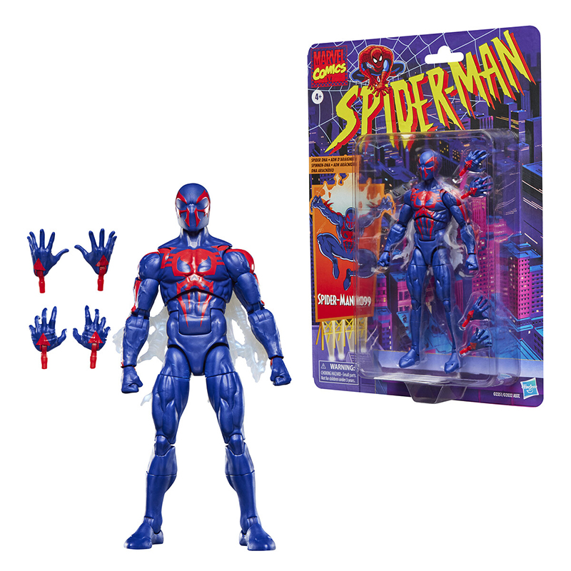 SPIDER-MAN 2099 MARVEL LEGENDS SERIES. Hasbro presenta en su colección Marvel Legends Series, esta figura retro de Spider-Man en su versión 2099, cuando un accidente de laboratorio modificó el código genético del científico Miguel O’Hara en los cómics de "Spider-Man 2099". Mide 15 cm de altura y cuenta con más de 20 puntos de articulación, permitiendo recrear poses dinámicas. Incluye 4x manos intercambiables (2x lanzando telarañas y 2x trepamuros) y 1x capa deshilachada. Presenta un esculpido y pintado de alta calidad inspirado en su diseño clásico de los cómics. Se presenta en blíster estilo retro con ilustraciones. UNIDADES LIMITADAS.