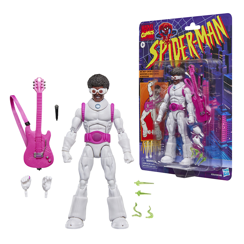 HYPNO-HUSTLER MARVEL LEGENDS SERIES. Hasbro presenta dentro de su colección Marvel Legends Series la figura retro del músico Antoine Delsoin quien actúa como el delincuente Hypno-Hustler (Buscavidas Hipnótico en España) en los cómics de "Spider-Man". Mide 15 cm y cuenta con más de 20 puntos de articulación. Incluye 2x manos intercambiables, 1x guitarra hipnótica con correa, 1x micrófono y 4x efectos musicales. Su acabado premium reproduce con precisión el extravagante estilo del personaje. Se presenta en un blíster de colección con diseño retro. UNIDADES LIMITADAS.