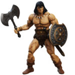 CONAN REAVER OF THE BLACK COASTS CONAN EL BÁRBARO EPIC H.A.C.K.S. FIGURA. El nombre de Conan resuena desde los brumosos riscos de su Cimmeria natal hasta las lejanas curvas de la Tierra. Si bien su fuerza física y sus rápidos reflejos lo convierten en un guerrero formidable, su sabiduría y astucia rivalizan incluso con sus enemigos más sofisticados. La huida de Conan de la ley en Argos y su consiguiente salto a bordo de una galera que zarpaba, un acto impulsado por la desesperación y la voluntad de sobrevivir. Esta decisión impulsiva lo lleva directamente al camino de Belit, la formidable y enigmática «Reina de la Costa Negra». Este encuentro no es solo un choque de espadas, sino de almas; dos fuerzas formidables que reconocen un espíritu afín en el otro. Belit, con su presencia imponente y su apasionada declaración: «Soy Belit, reina de la costa negra. Oh, tigre del Norte... ¡sé mi rey!», ofrece a Conan no solo una alianza, sino una posición de igualdad en su mundo de piratería y aventura. Esta representación a escala 1:12 está diseñada para mostrar la huida de Conan de la corte de Argos, su etapa como saqueador a bordo del Tigress y, finalmente, la muerte de su amada Bêlit. Incluye: 2 retratos, cabello con casco, cabello, cota de malla, hacha de doble filo, zweihander, espada de armas, vaina de espada, escudo con tachuelas, brazales con cresta de león, brazales de bronce, cinturón blindado forrado de piel, 3 juegos de manos.