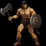 CONAN REAVER OF THE BLACK COASTS CONAN EL BÁRBARO EPIC H.A.C.K.S. FIGURA. El nombre de Conan resuena desde los brumosos riscos de su Cimmeria natal hasta las lejanas curvas de la Tierra. Si bien su fuerza física y sus rápidos reflejos lo convierten en un guerrero formidable, su sabiduría y astucia rivalizan incluso con sus enemigos más sofisticados. La huida de Conan de la ley en Argos y su consiguiente salto a bordo de una galera que zarpaba, un acto impulsado por la desesperación y la voluntad de sobrevivir. Esta decisión impulsiva lo lleva directamente al camino de Belit, la formidable y enigmática «Reina de la Costa Negra». Este encuentro no es solo un choque de espadas, sino de almas; dos fuerzas formidables que reconocen un espíritu afín en el otro. Belit, con su presencia imponente y su apasionada declaración: «Soy Belit, reina de la costa negra. Oh, tigre del Norte... ¡sé mi rey!», ofrece a Conan no solo una alianza, sino una posición de igualdad en su mundo de piratería y aventura. Esta representación a escala 1:12 está diseñada para mostrar la huida de Conan de la corte de Argos, su etapa como saqueador a bordo del Tigress y, finalmente, la muerte de su amada Bêlit. Incluye: 2 retratos, cabello con casco, cabello, cota de malla, hacha de doble filo, zweihander, espada de armas, vaina de espada, escudo con tachuelas, brazales con cresta de león, brazales de bronce, cinturón blindado forrado de piel, 3 juegos de manos.