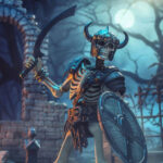 SKELETON RAIDER MYTHIC LEGIONS ALL STARS. Vikenfell, que en su día fue un próspero asentamiento en el norte del reino, es ahora un lugar maldito, acechado por los restos óseos de los despiadados saqueadores que lo habitaron. Los supervivientes que huyeron de estas tierras hacia las frías tierras de Bjorngar contaron la historia de un barco que regresó de una expedición condenada al fracaso en aguas del sur. Lo que viajaba en ese barco para ser desatado sobre Vikenfell era la mismísima muerte. Ahora que Necronominus ha regresado a Mythoss, ha comenzado la Segunda Gran Guerra. El Señor de la Muerte convoca a estos espectros para que se unan a su ejército de muertos vivientes en su marcha hacia la batalla final contra las Legiones de la Luz.