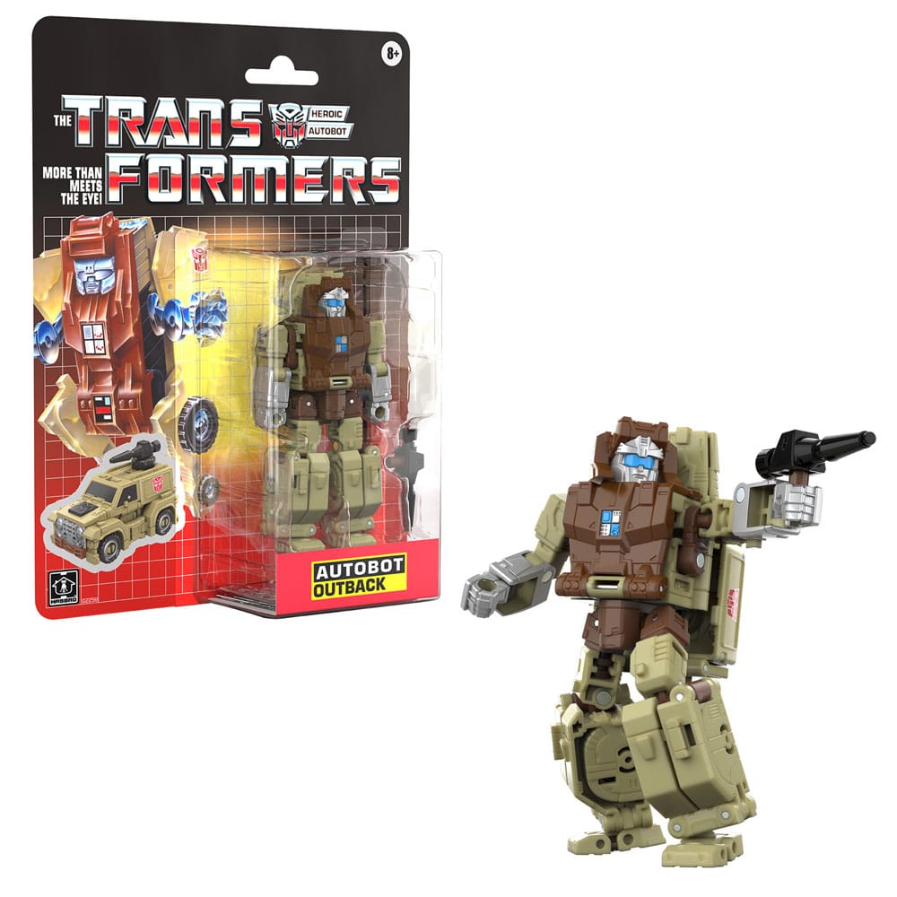 AUTOBOT OUTBACK TRANSFORMERS RETRO G1. Este juguete se convierte de robot de 12,5 cm en camión en 23 pasos e incluye un cañón removible. El embalaje retro cuenta con diseño vintage y ficha técnica recortable de la figura. Busca otros juguetes coleccionables Transformers G1 (se venden por separado; sujeto a disponibilidad) de personajes favoritos como Autobot Wheelie, Wheeljack, Autobot Brawn y otros para formar un equipo que es mucho más de lo que se ve a simple vista.