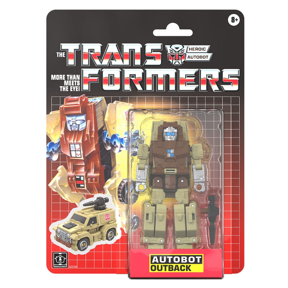 AUTOBOT OUTBACK TRANSFORMERS RETRO G1. Este juguete se convierte de robot de 12,5 cm en camión en 23 pasos e incluye un cañón removible. El embalaje retro cuenta con diseño vintage y ficha técnica recortable de la figura. Busca otros juguetes coleccionables Transformers G1 (se venden por separado; sujeto a disponibilidad) de personajes favoritos como Autobot Wheelie, Wheeljack, Autobot Brawn y otros para formar un equipo que es mucho más de lo que se ve a simple vista.