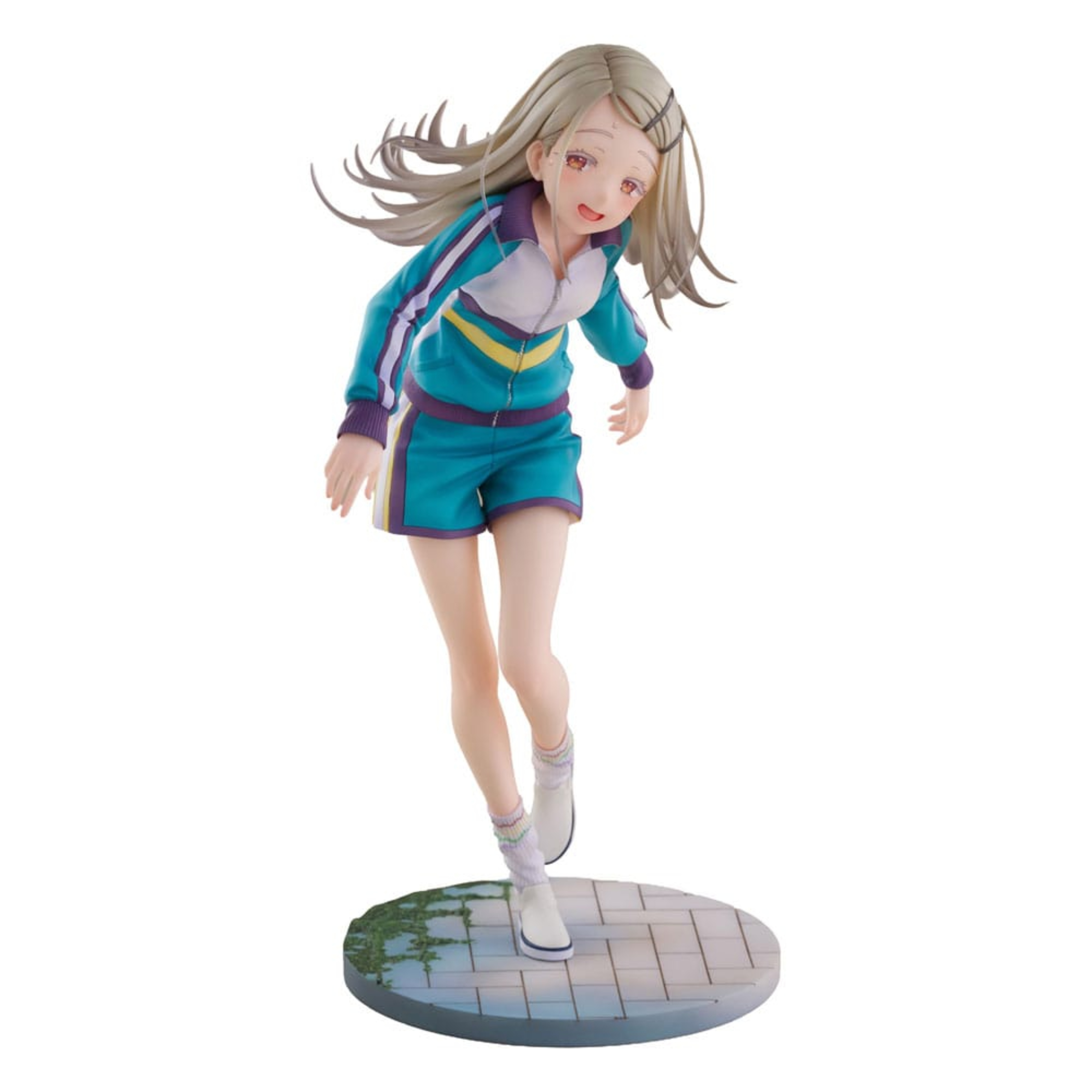 SPIRITALE HIRO SHINOZAWA GAKUEN IDOLMASTER SPIRITALE HIRO SHINOZAWA GAKUEN IDOLMASTER. De Gakuen Idolmaster, la misteriosa chica prodigio Hiro Shinozawa llega como figura a escala 1/7. Su atuendo de entrenamiento del “escenario de lección” ha sido recreado fielmente en forma tridimensional. Su expresión y postura reflejan por completo su personalidad única, que encuentra alegría en las “lecciones duras y dolorosas” y en “cuando las cosas no salen bien”. Sus delicadas piernas, que parecen no ser muy aptas para el deporte, muestran el momento en que apenas logra terminar su entrenamiento. Su postura tambaleante expresa maravillosamente que “está esforzándose al máximo ahora mismo”. Con sus ojos color ámbar brillando como si buscara elogios, y su rostro cansado pero con una sonrisa «nihera~», la figura está llena del encanto característico de Hiro. El chándal en tonos turquesa y blanco presenta un acabado mate, con detalles como sutiles gradaciones de tela bajo la luz, el brillo del cierre, los ribetes de las mangas y la cintura, y la textura tejida de los calentadores de piernas.