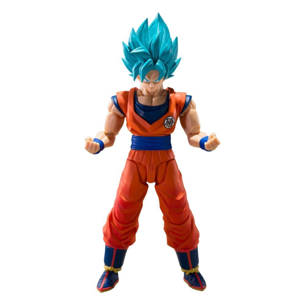SUPER SAIYAN GOD SUPER SON GOKU BLUE POWER TRANSCENDING LIMITS DRAGON BALL SUPER SH FIGUARTS. mide unos 15 cm de altura y forma parte de la línea S.H.Figuarts de Tamashii Nations