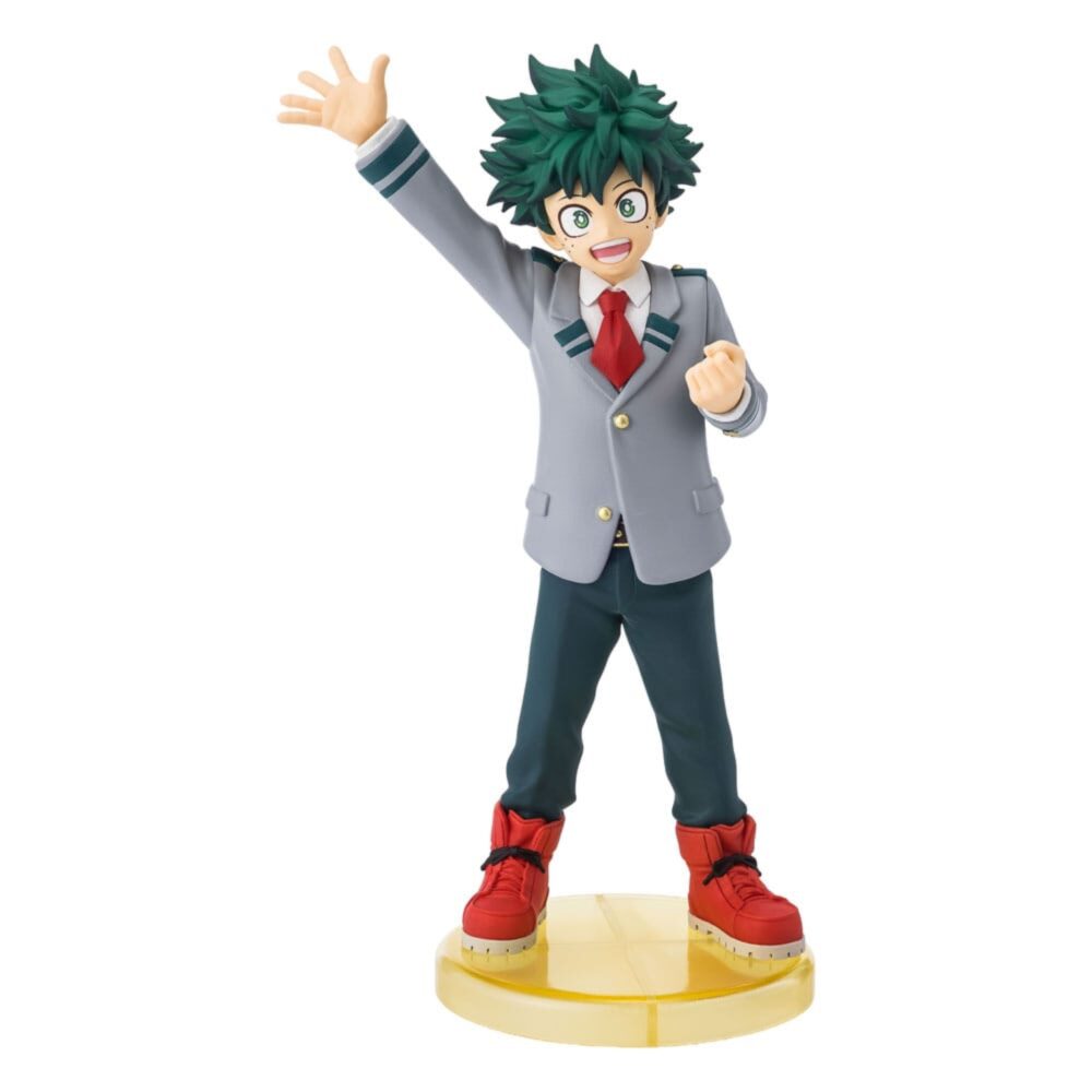 ADOKENATTE IZUKU MIDORIYA MY HERO ACADEMIA ESTATUA. mide unos 14 cm de altura y muestra a Midoriya con su uniforme escolar de la U.A.